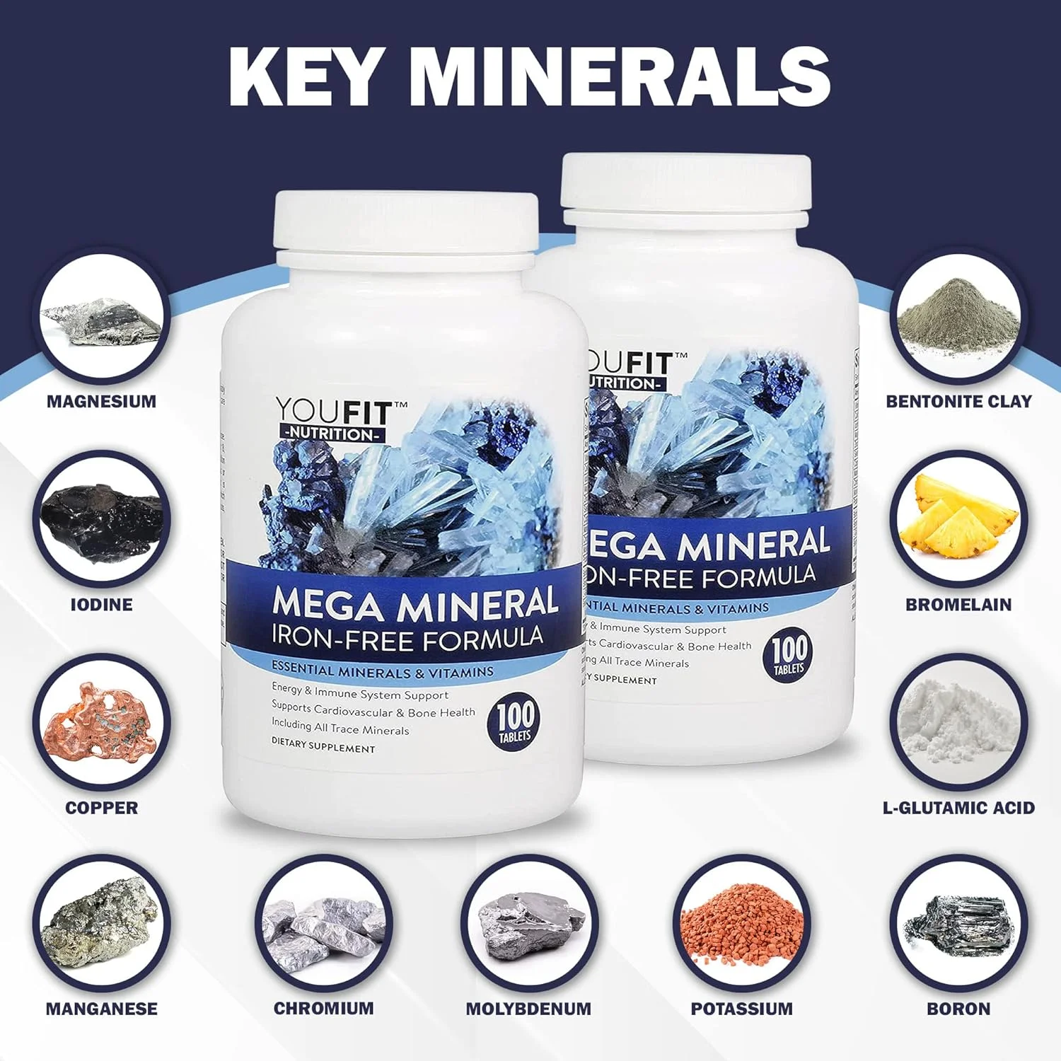 مکمل مواد معدنی مگا YouFit Nutrition | تمام 72 ماده معدنی کمیاب | فرمول برتر با منبع مواد معدنی و پشتیبانی از سلامت ایمنی | بدون آهن | همه در یک | 1000 میلی گرم کلسیم 500 میلی گرم منیزیم