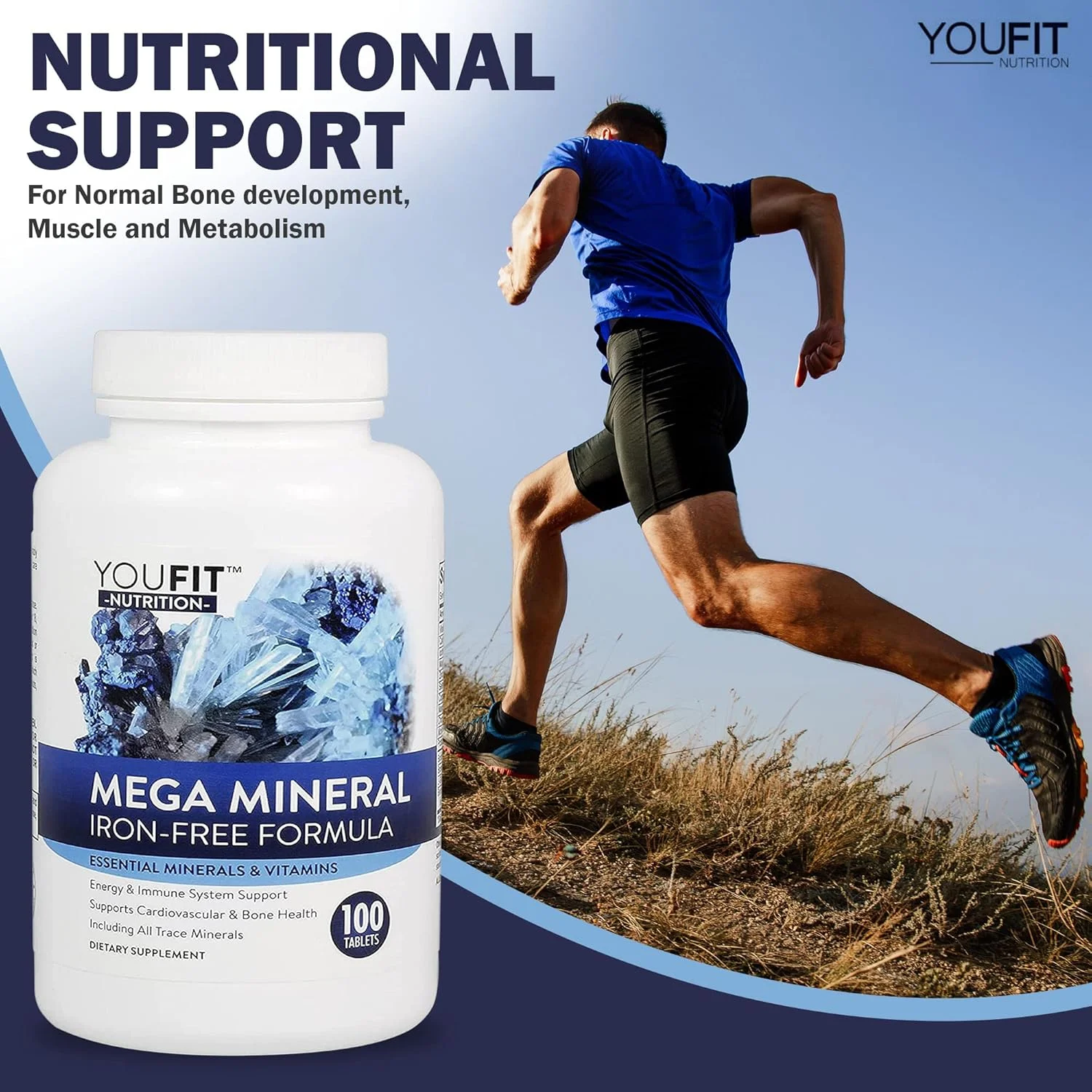 مکمل مواد معدنی مگا YouFit Nutrition | تمام 72 ماده معدنی کمیاب | فرمول برتر با منبع مواد معدنی و پشتیبانی از سلامت ایمنی | بدون آهن | همه در یک | 1000 میلی گرم کلسیم 500 میلی گرم منیزیم