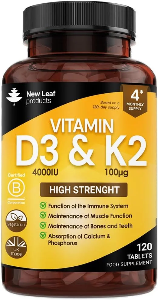 محصولات برگ جدید ویتامین D3 K2، ویتامین D3 4000iu + ویتامین K2 100mcg، تامین 4 ماهه، پشتیبانی از ایمنی، جذب کلسیم و سلامت استخوان، غیر GMO، ساخت انگلستان توسط 120 قرص گیاهی