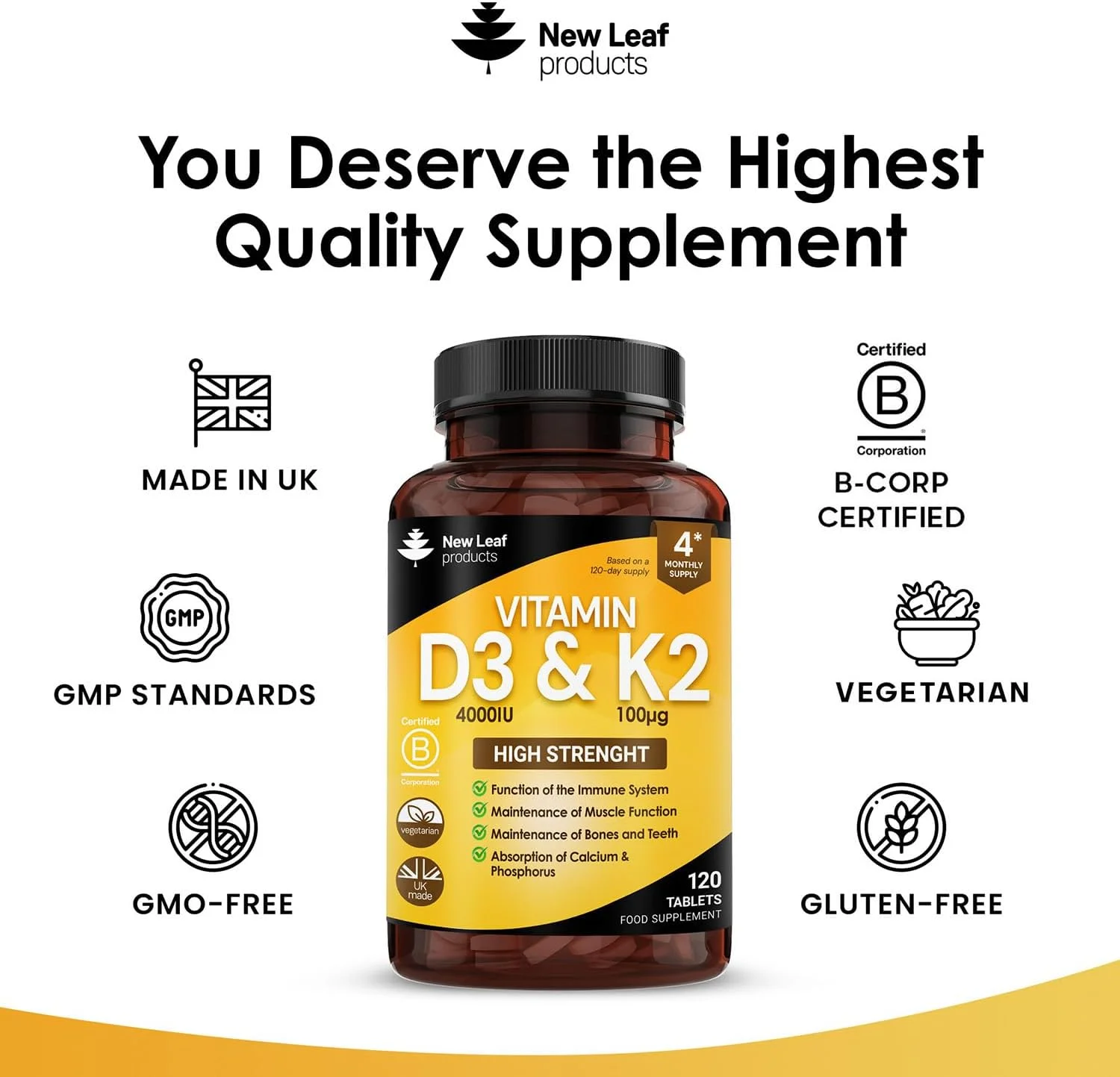 محصولات برگ جدید ویتامین D3 K2، ویتامین D3 4000iu + ویتامین K2 100mcg، تامین 4 ماهه، پشتیبانی از ایمنی، جذب کلسیم و سلامت استخوان، غیر GMO، ساخت انگلستان توسط 120 قرص گیاهی