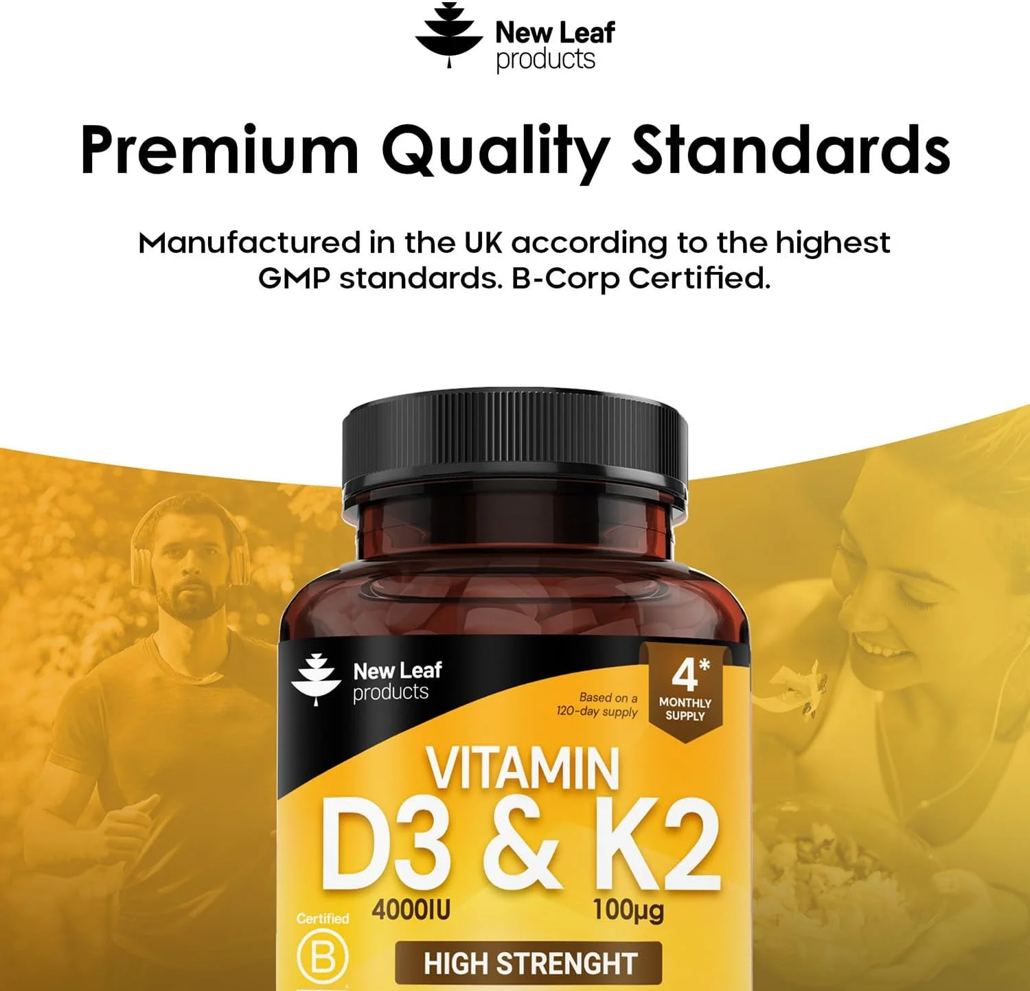 محصولات برگ جدید ویتامین D3 K2، ویتامین D3 4000iu + ویتامین K2 100mcg، تامین 4 ماهه، پشتیبانی از ایمنی، جذب کلسیم و سلامت استخوان، غیر GMO، ساخت انگلستان توسط 120 قرص گیاهی