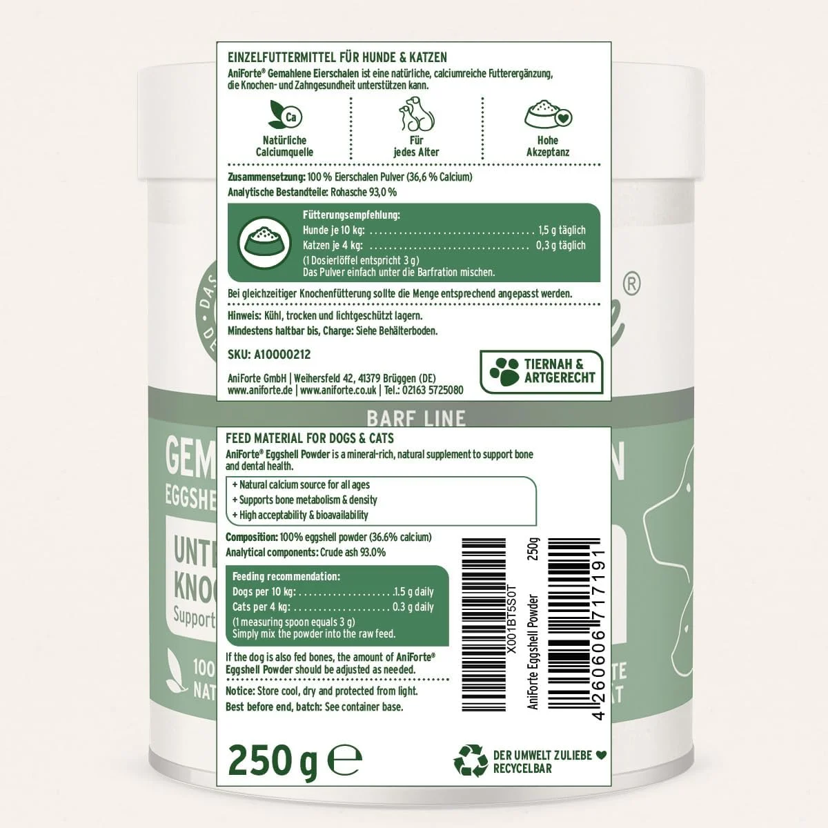 پودر پوسته تخم مرغ AniForte 250 گرم کلسیم برای سگ و گربه - منبع طبیعی کلسیم، پشتیبانی از استخوان ها و دندان ها، پودر پوسته تخم مرغ برای تغذیه خام (بارف)، فراهمی زیستی بالا