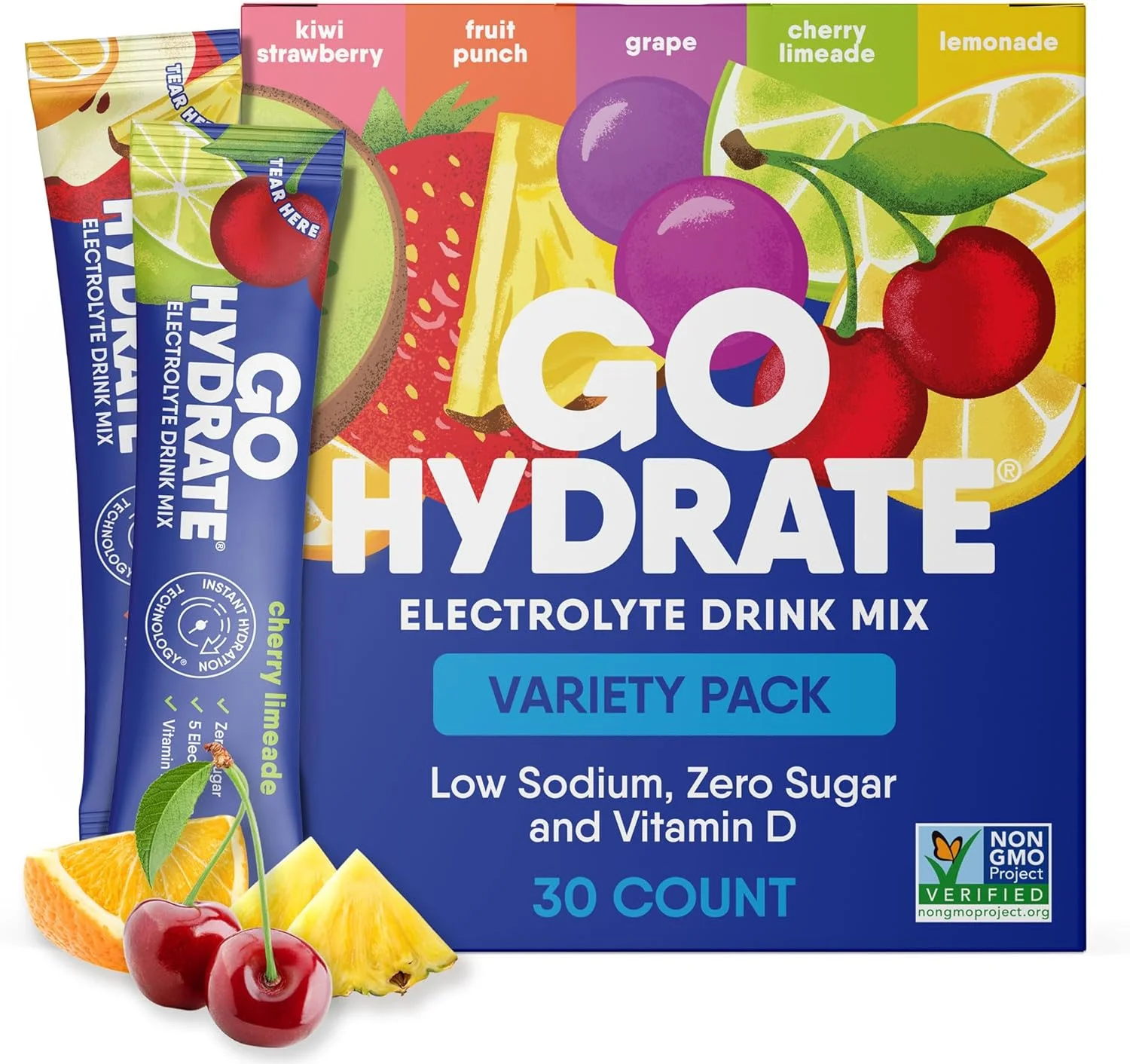 پودر فوری هیدراتاسیون GoHydrate - مخلوط نوشیدنی الکترولیت کم سدیم - پشتیبانی طبیعی از هیدراتاسیون، نوشیدنی پودری طعم دار الکترولیت بدون قند با ویتامین D، 30 بسته، بسته متنوع
