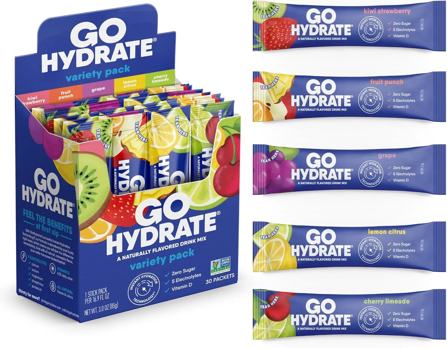 پودر فوری هیدراتاسیون GoHydrate - مخلوط نوشیدنی الکترولیت کم سدیم - پشتیبانی طبیعی از هیدراتاسیون، نوشیدنی پودری طعم دار الکترولیت بدون قند با ویتامین D، 30 بسته، بسته متنوع