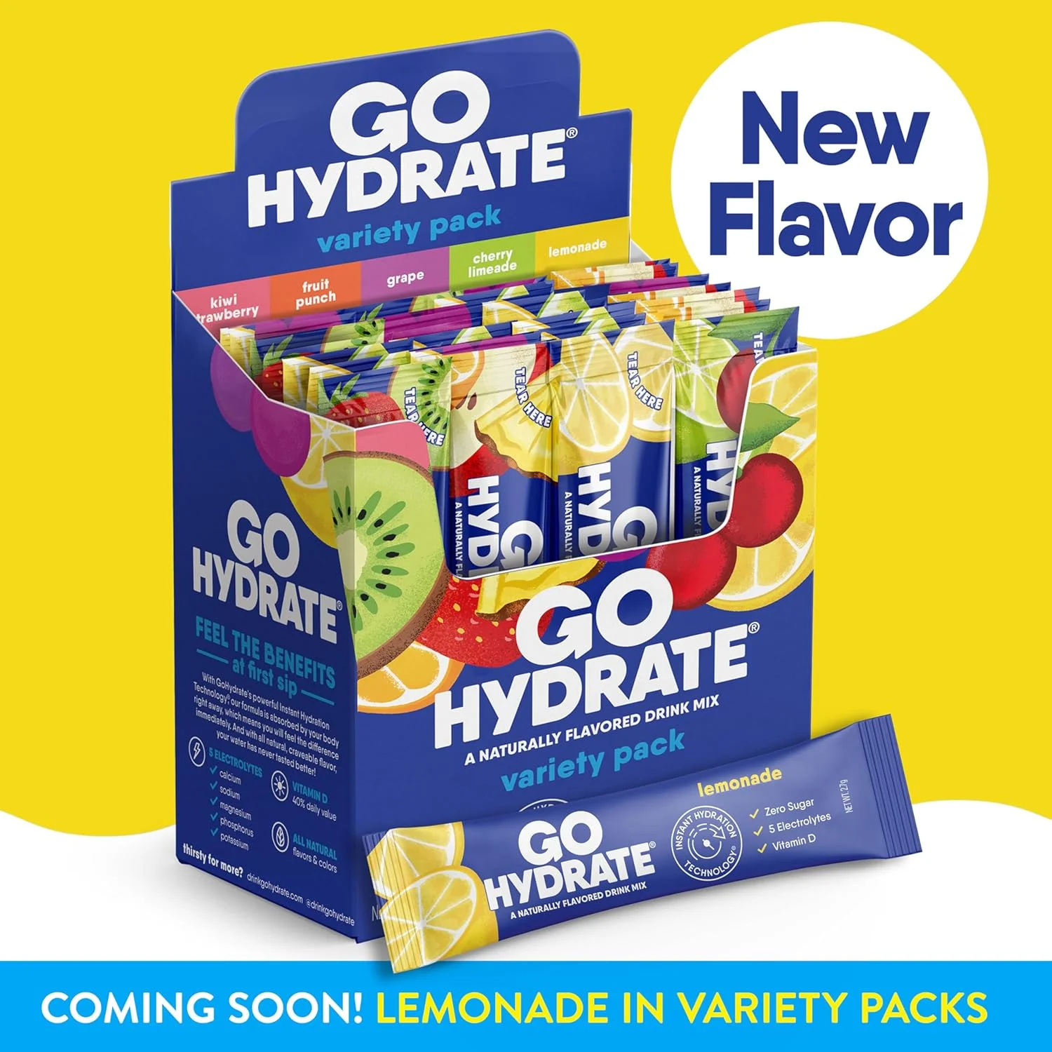 پودر فوری هیدراتاسیون GoHydrate - مخلوط نوشیدنی الکترولیت کم سدیم - پشتیبانی طبیعی از هیدراتاسیون، نوشیدنی پودری طعم دار الکترولیت بدون قند با ویتامین D، 30 بسته، بسته متنوع