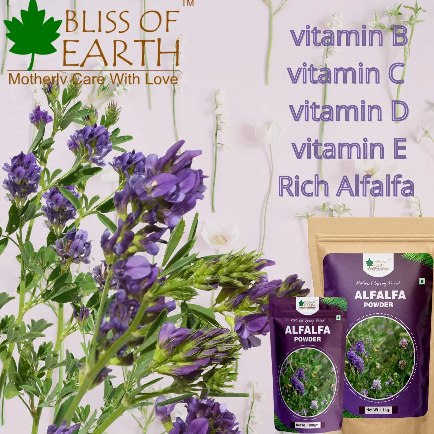 پودر یونجه 1 کیلوگرمی Bliss of Earth، خشک شده طبیعی با اسپری، عالی برای پوست و مو، سرشار از ویتامین ها و مواد معدنی