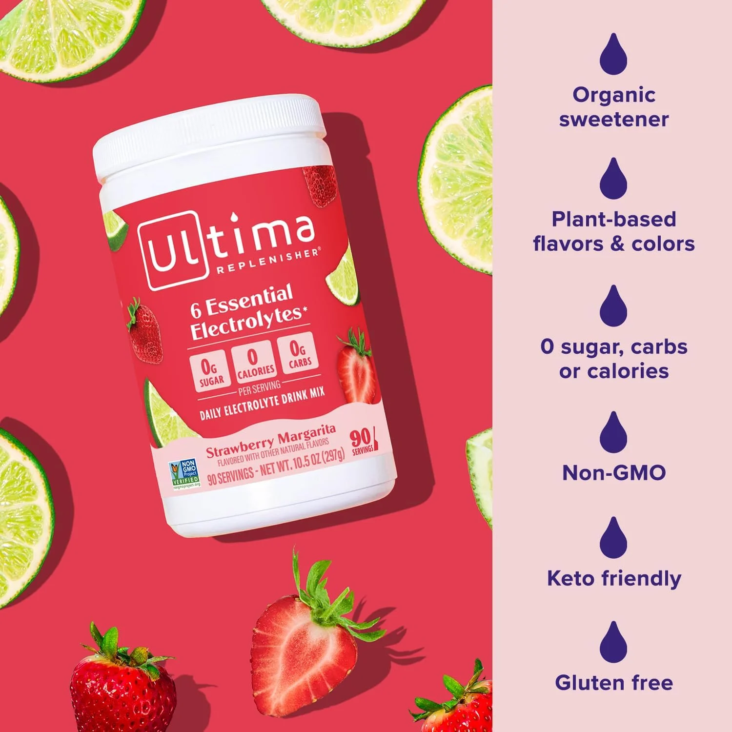 مخلوط نوشیدنی الکترولیتی Ultima Replenisher Mocktini - مارگاریتا توت فرنگی، 90 سروینگ - پودر آبرسان با 6 الکترولیت و مواد معدنی کمیاب، 90 سروینگ (بسته 1 عددی)