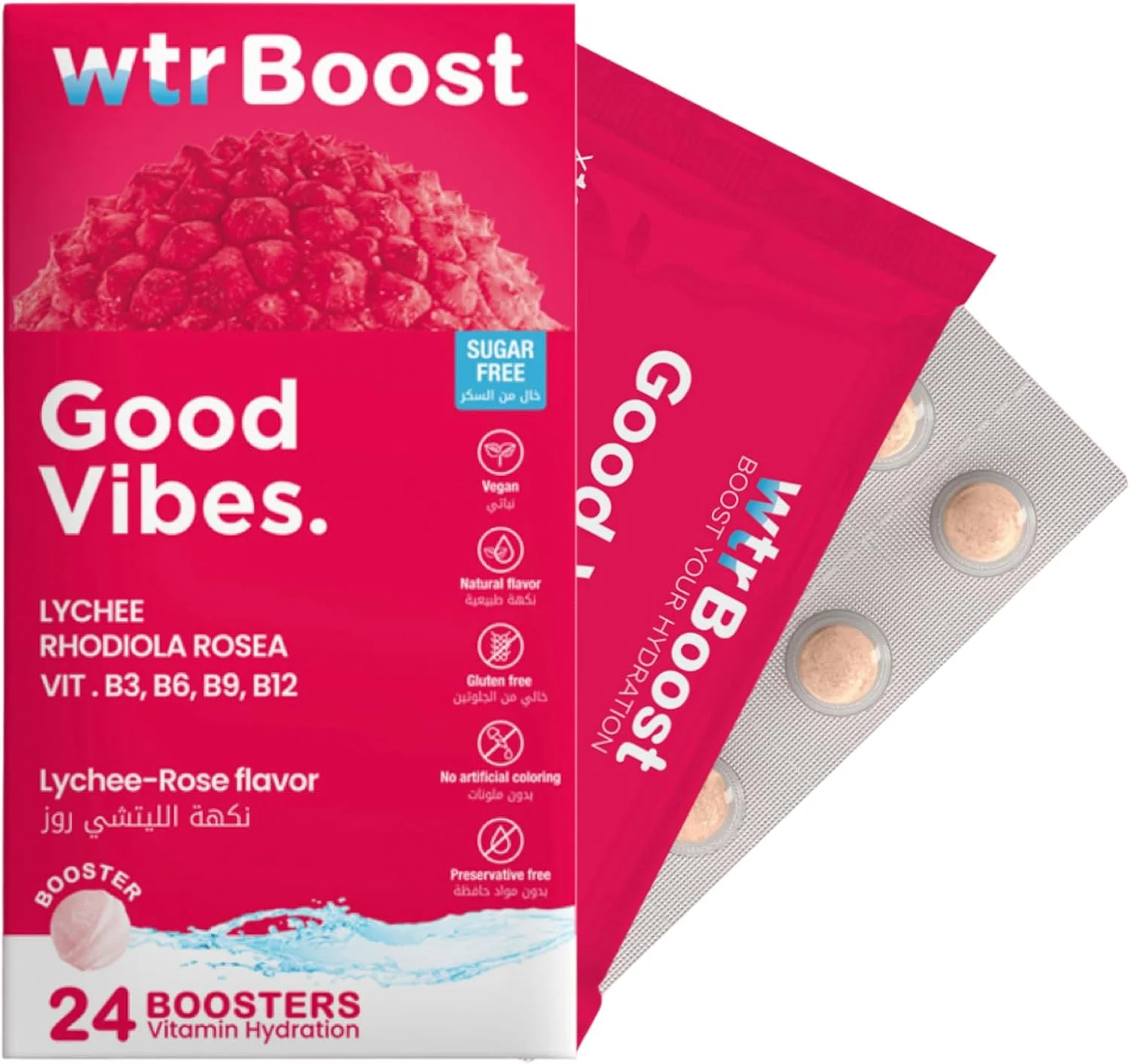 قرص هیدراتاسیون WTR Boost Good Vibes، کاهش خستگی، طعم لیچی-رز، 24 عدد