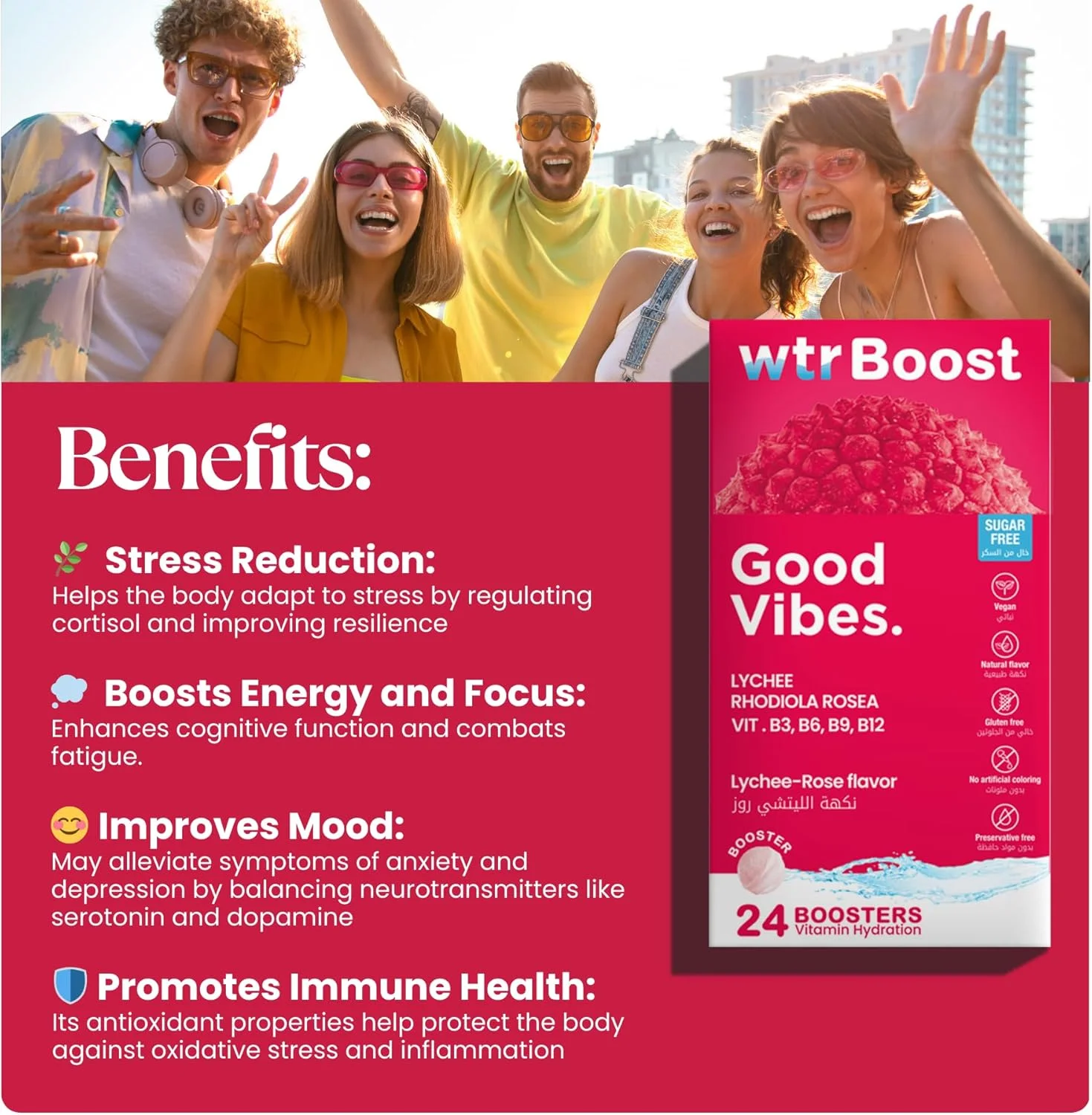 قرص هیدراتاسیون WTR Boost Good Vibes، کاهش خستگی، طعم لیچی-رز، 24 عدد