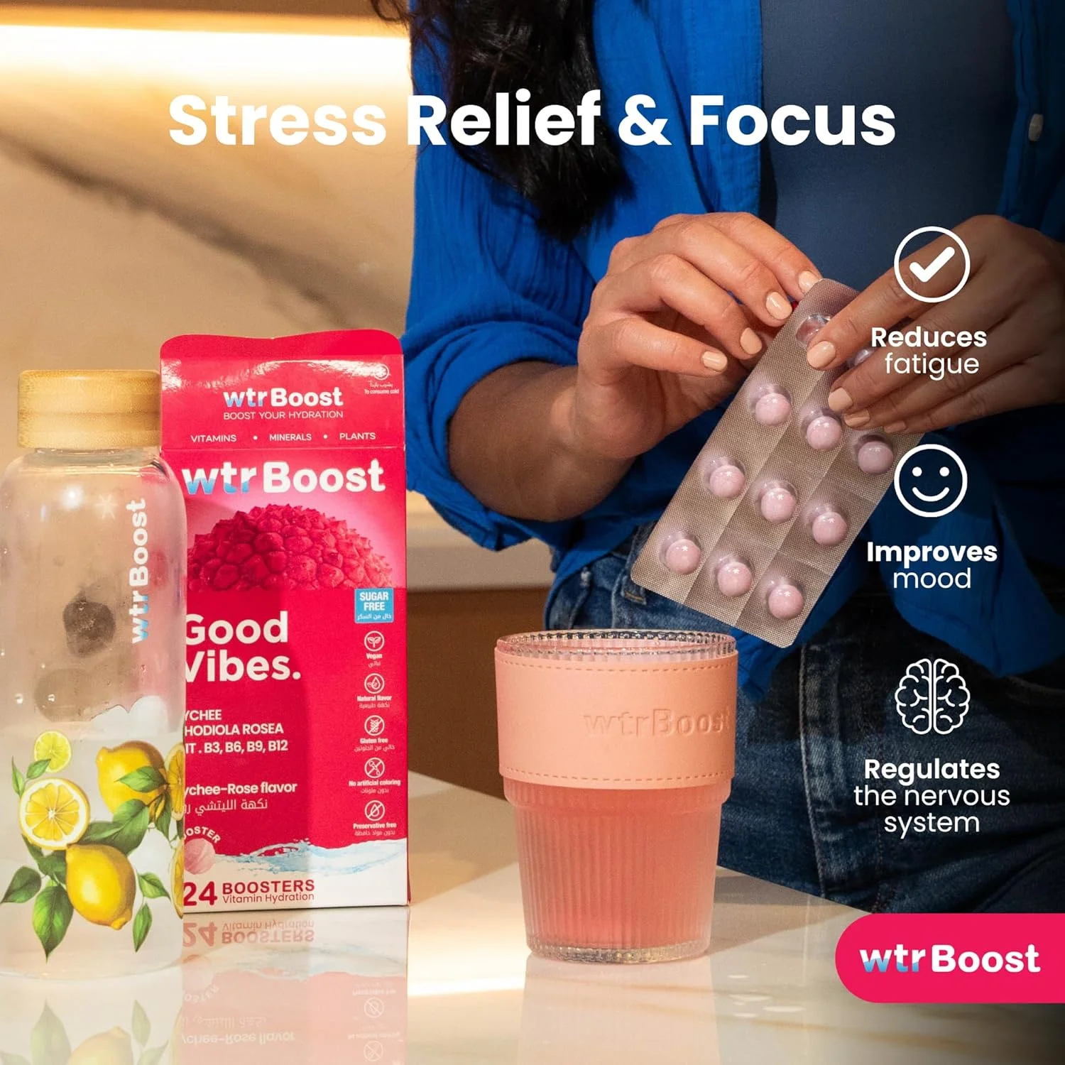 قرص هیدراتاسیون WTR Boost Good Vibes، کاهش خستگی، طعم لیچی-رز، 24 عدد