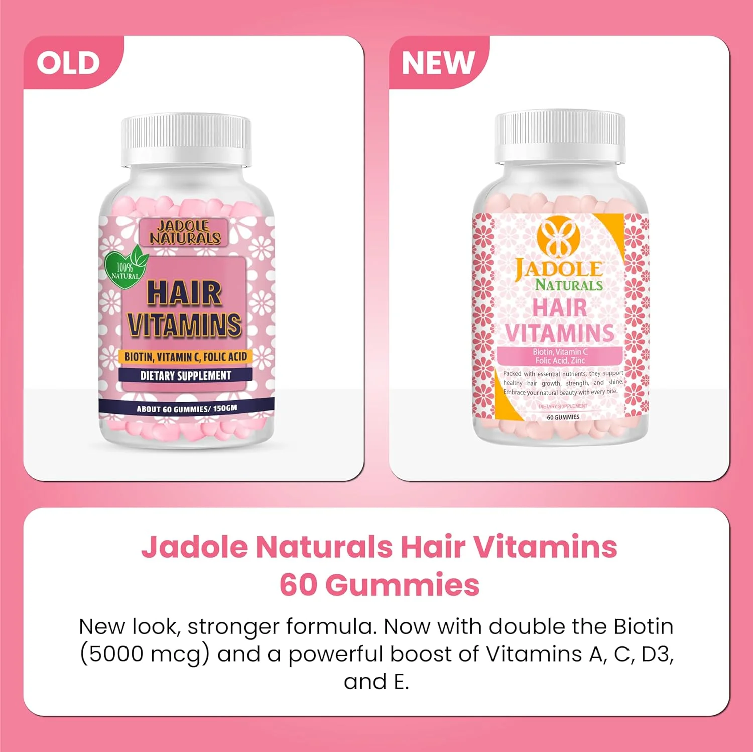 ویتامین های مو Jadole Naturals، 60 پاستیل با بیوتین 5000 میکروگرم، ویتامین C، اسید فولیک و روی | پشتیبانی از رشد مو و کاهش شکستگی، پوست و ناخن های سالم، مولتی ویتامین ها و مواد مغذی ضروری، وگان