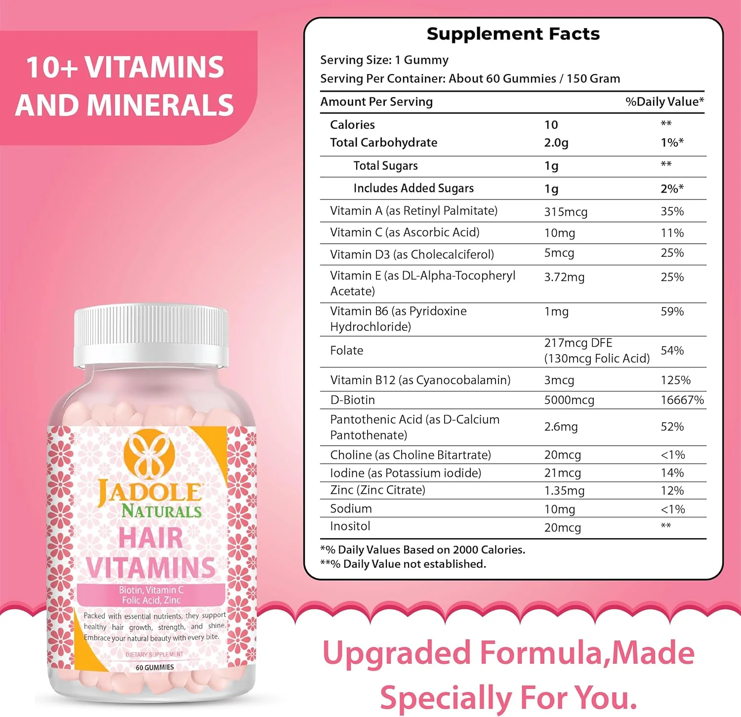 ویتامین های مو Jadole Naturals، 60 پاستیل با بیوتین 5000 میکروگرم، ویتامین C، اسید فولیک و روی | پشتیبانی از رشد مو و کاهش شکستگی، پوست و ناخن های سالم، مولتی ویتامین ها و مواد مغذی ضروری، وگان