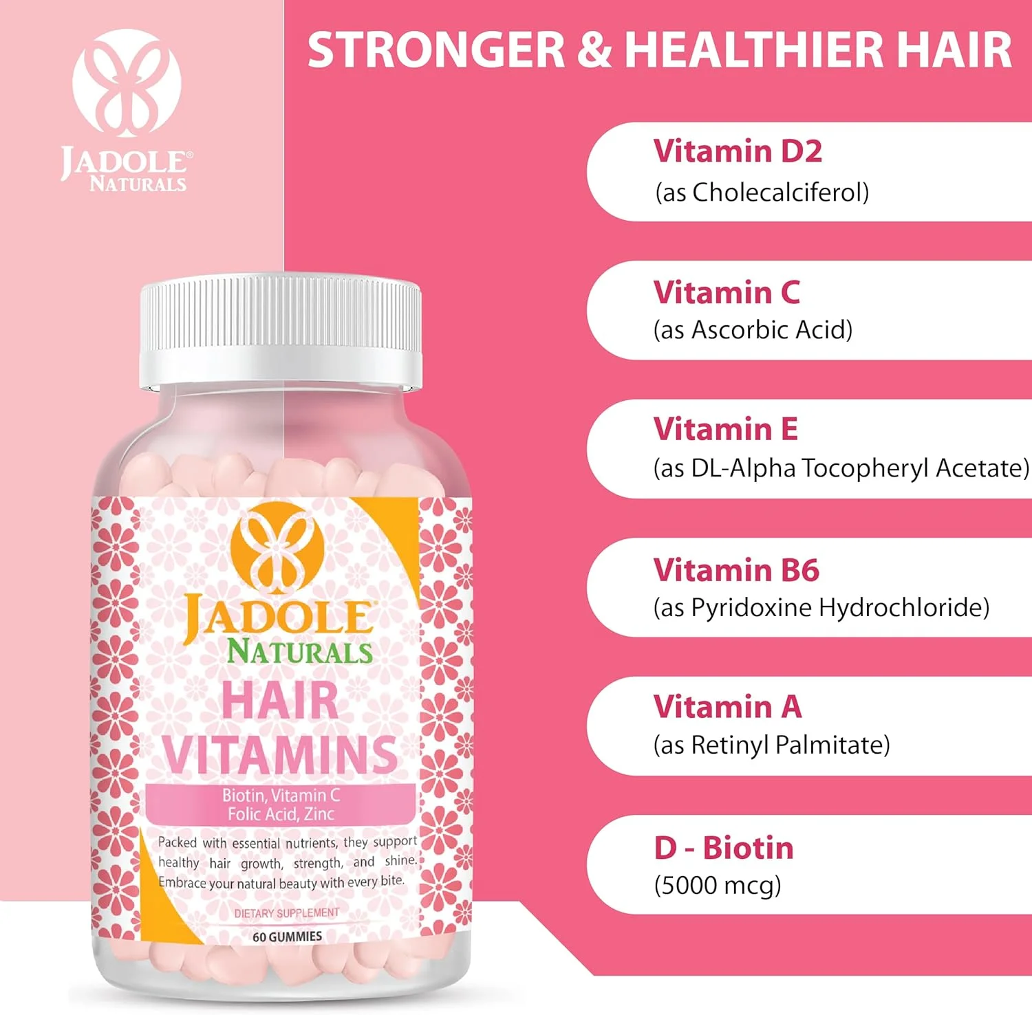 ویتامین های مو Jadole Naturals، 60 پاستیل با بیوتین 5000 میکروگرم، ویتامین C، اسید فولیک و روی | پشتیبانی از رشد مو و کاهش شکستگی، پوست و ناخن های سالم، مولتی ویتامین ها و مواد مغذی ضروری، وگان