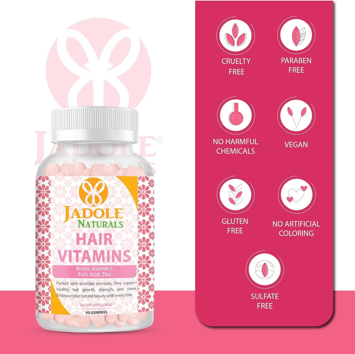 ویتامین های مو Jadole Naturals، 60 پاستیل با بیوتین 5000 میکروگرم، ویتامین C، اسید فولیک و روی | پشتیبانی از رشد مو و کاهش شکستگی، پوست و ناخن های سالم، مولتی ویتامین ها و مواد مغذی ضروری، وگان