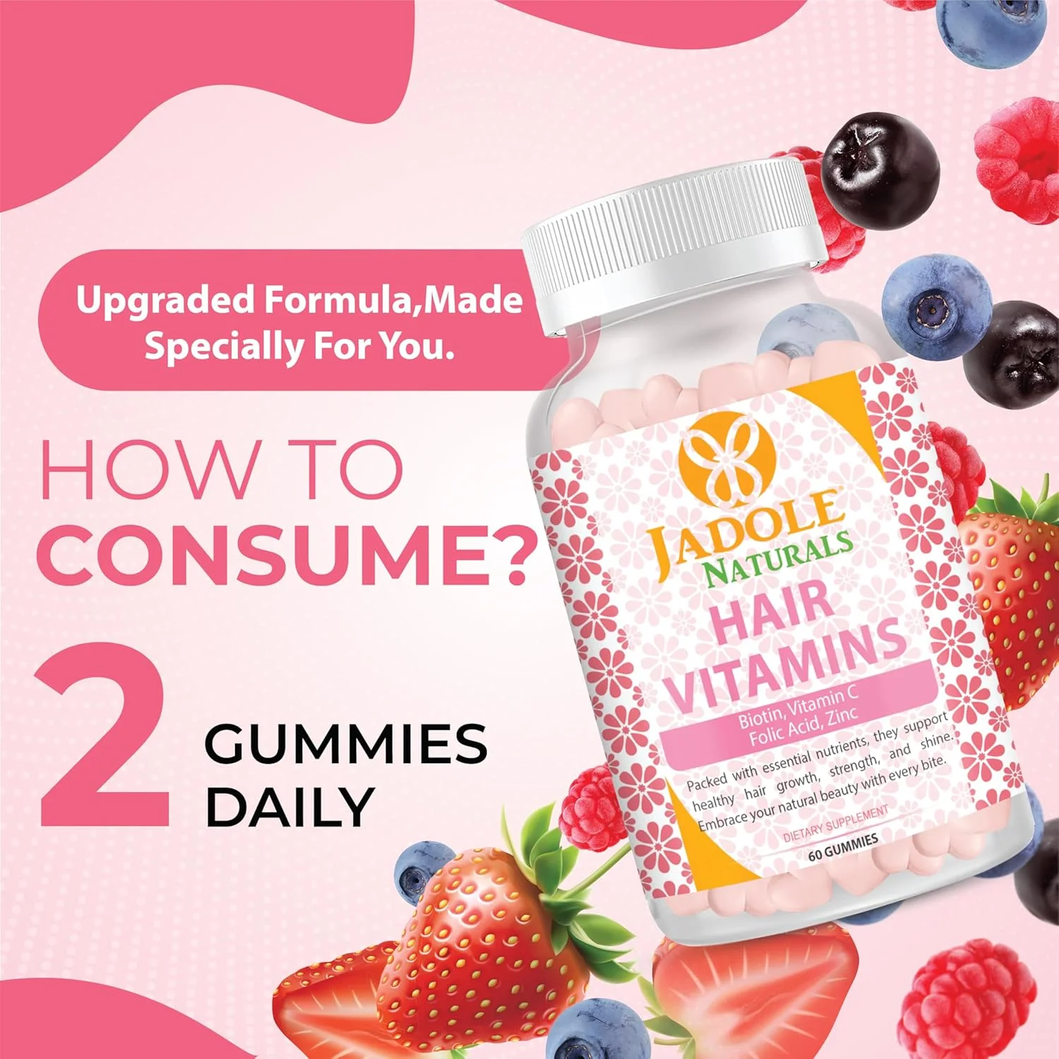ویتامین های مو Jadole Naturals، 60 پاستیل با بیوتین 5000 میکروگرم، ویتامین C، اسید فولیک و روی | پشتیبانی از رشد مو و کاهش شکستگی، پوست و ناخن های سالم، مولتی ویتامین ها و مواد مغذی ضروری، وگان