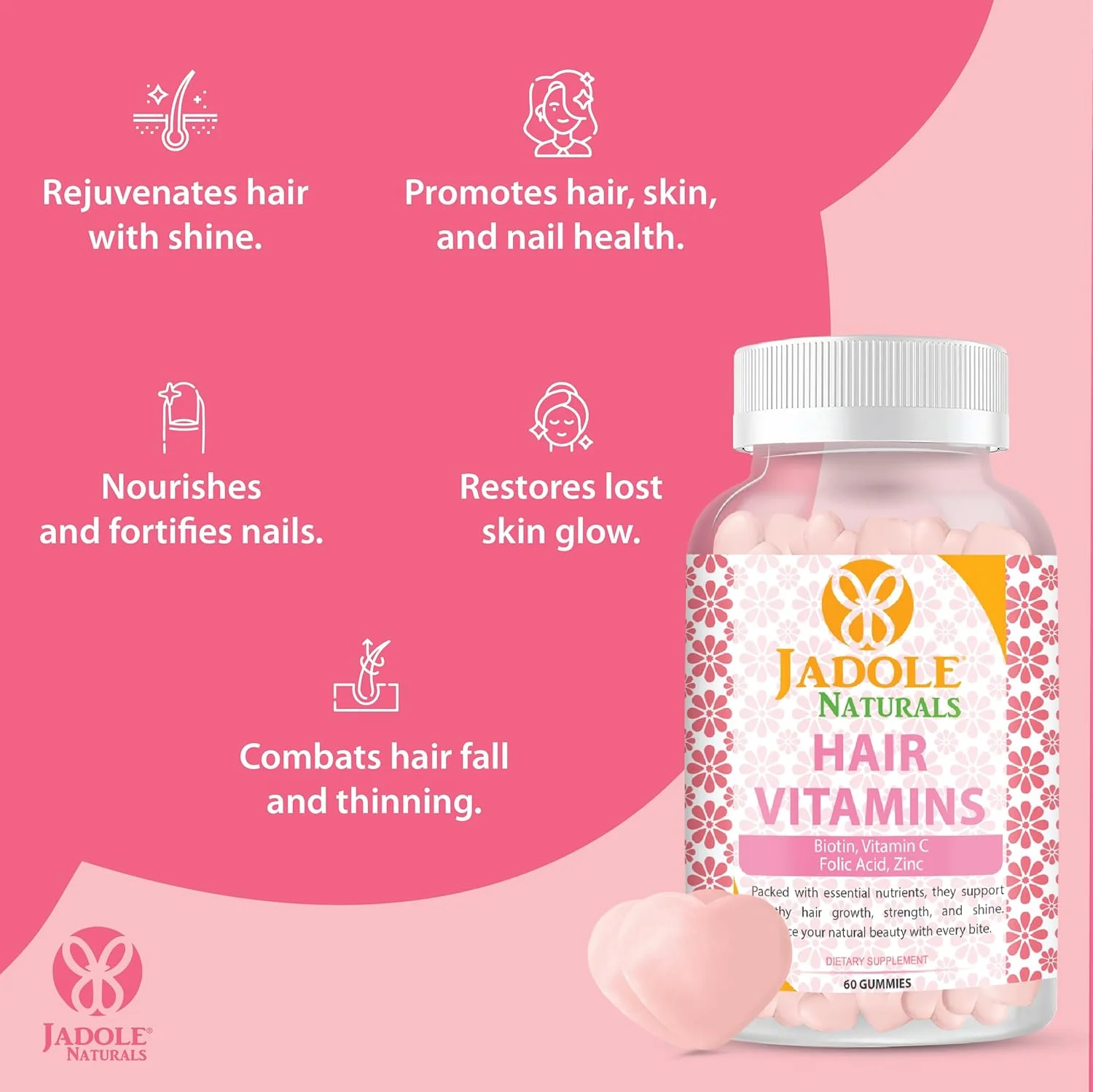 ویتامین های مو Jadole Naturals، 60 پاستیل با بیوتین 5000 میکروگرم، ویتامین C، اسید فولیک و روی | پشتیبانی از رشد مو و کاهش شکستگی، پوست و ناخن های سالم، مولتی ویتامین ها و مواد مغذی ضروری، وگان
