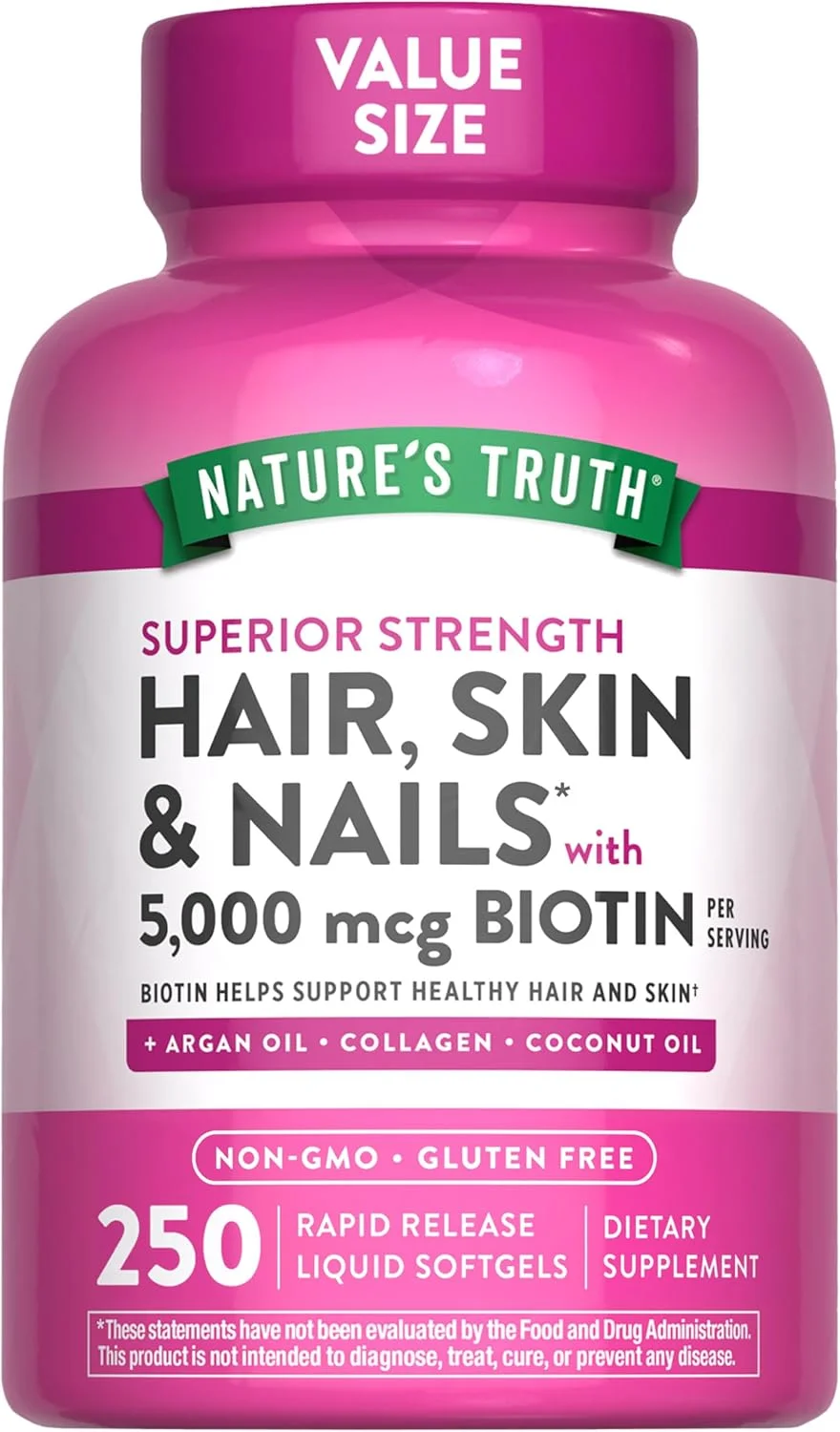 ویتامین های مو، پوست و ناخن Nature's Truth با بیوتین | 5000 میکروگرم | 250 سافت ژل | شامل کلاژن و روغن نارگیل | مکمل روزانه غیر GMO و بدون گلوتن برای زنان و مردان