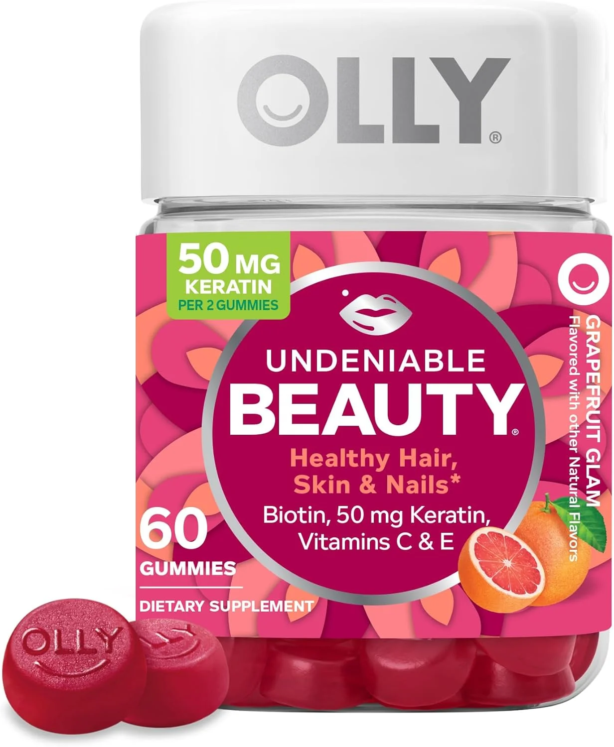پاستیل تقویت کننده مو، پوست و ناخن OLLY Undeniable Beauty، حاوی بیوتین، ویتامین C، کراتین، مکمل جویدنی، طعم گریپ فروت، بسته 30 روزه - 60 عدد