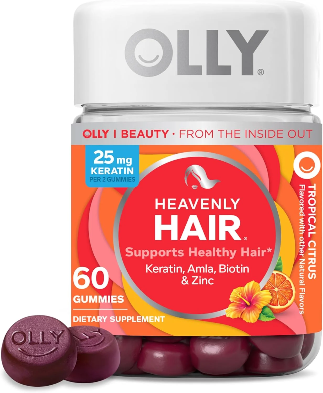 پاستیل های تقویت کننده مو OLLY Heavenly Hair، پشتیبانی از رشد موهای سالم و قوی، کراتین، بیوتین، آملا، طعم گریپ فروت، تامین 30 روزه - 60 عدد