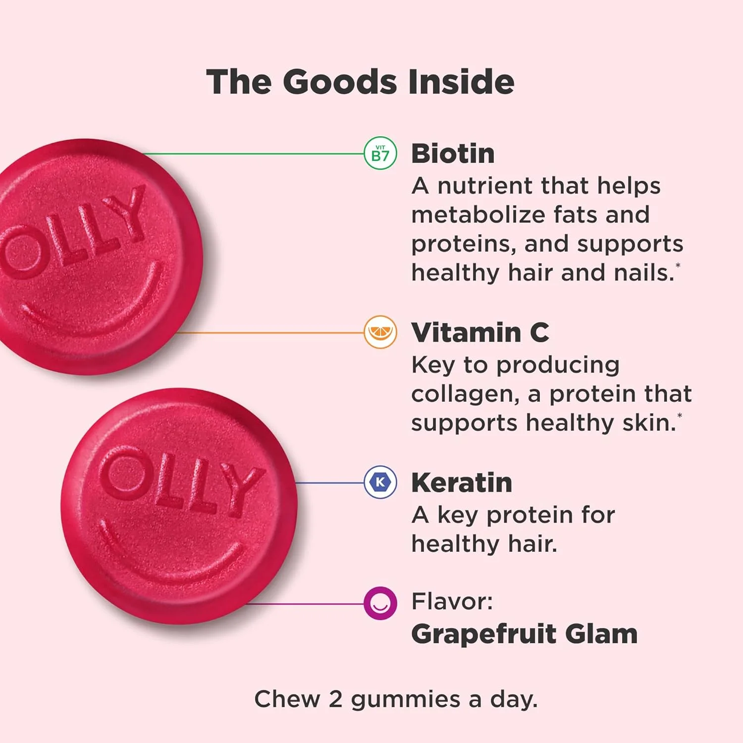 پاستیل تقویت کننده مو، پوست و ناخن OLLY Undeniable Beauty، حاوی بیوتین، ویتامین C، کراتین، مکمل جویدنی، طعم گریپ فروت، بسته 30 روزه - 60 عدد پاستیل تقویت کننده مو، پوست و ناخن OLLY Undeniable Beauty، حاوی بیوتین، ویتامین C، کراتین، مکمل جویدنی، طعم گریپ فروت، بسته 30 روزه - 60 عدد