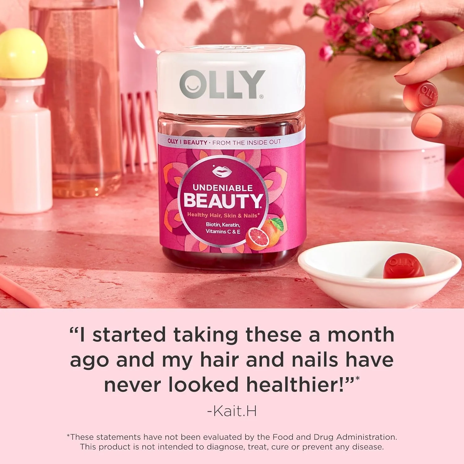 پاستیل تقویت کننده مو، پوست و ناخن OLLY Undeniable Beauty، حاوی بیوتین، ویتامین C، کراتین، مکمل جویدنی، طعم گریپ فروت، بسته 30 روزه - 60 عدد پاستیل تقویت کننده مو، پوست و ناخن OLLY Undeniable Beauty، حاوی بیوتین، ویتامین C، کراتین، مکمل جویدنی، طعم گریپ فروت، بسته 30 روزه - 60 عدد