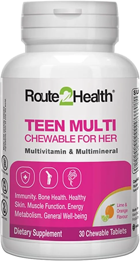 مولتی ویتامین و مواد معدنی جویدنی Route 2 Health برای دختران نوجوان - 30 عدد - ویتامین های A، C، D3، E، K1، کلسیم، فسفر و بیوتین - پشتیبانی از رشد، ایمنی، انرژی - طعم لیمو و پرتقال