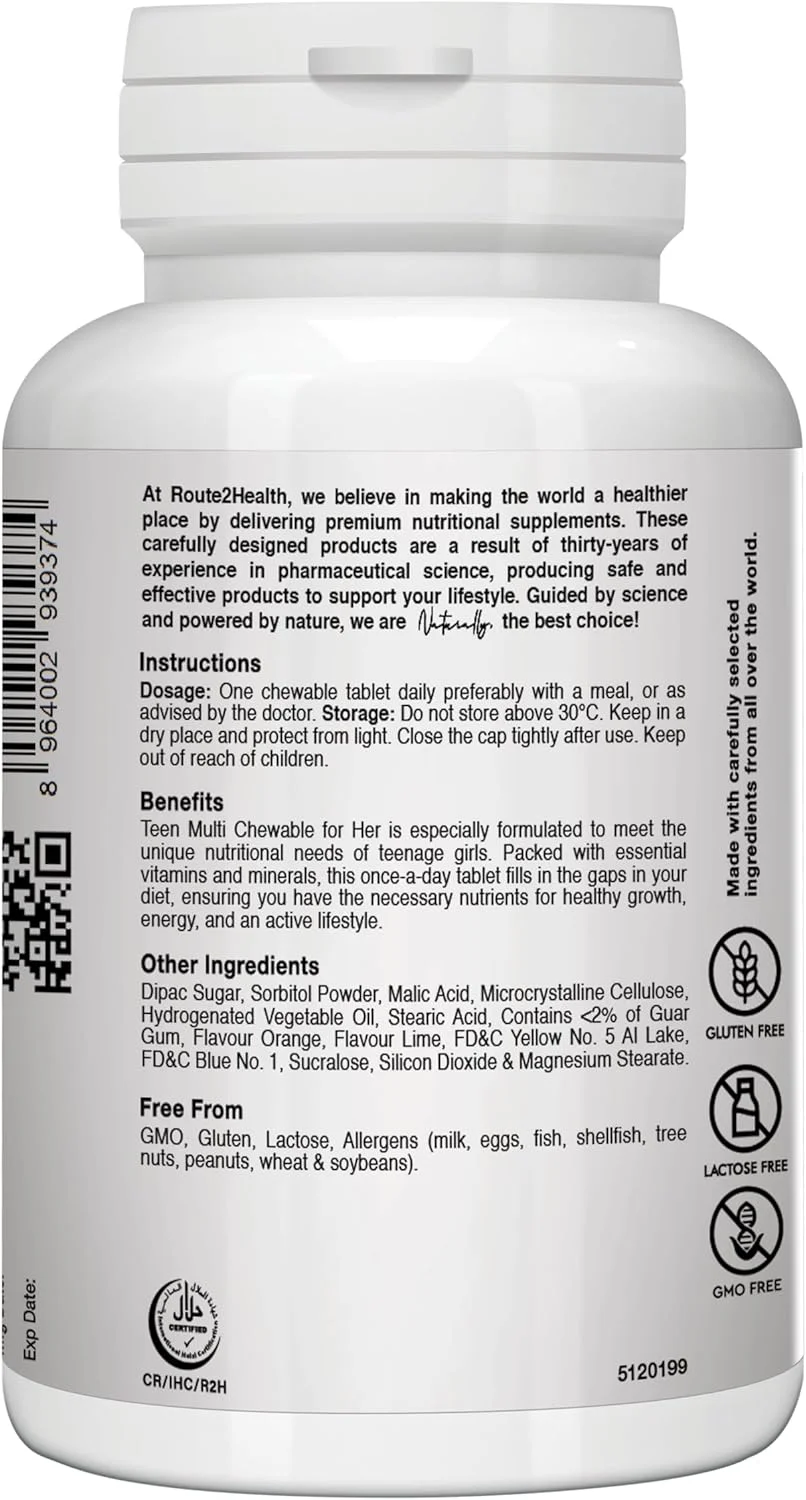 مولتی ویتامین و مواد معدنی جویدنی Route 2 Health برای دختران نوجوان - 30 عدد - ویتامین های A، C، D3، E، K1، کلسیم، فسفر و بیوتین - پشتیبانی از رشد، ایمنی، انرژی - طعم لیمو و پرتقال