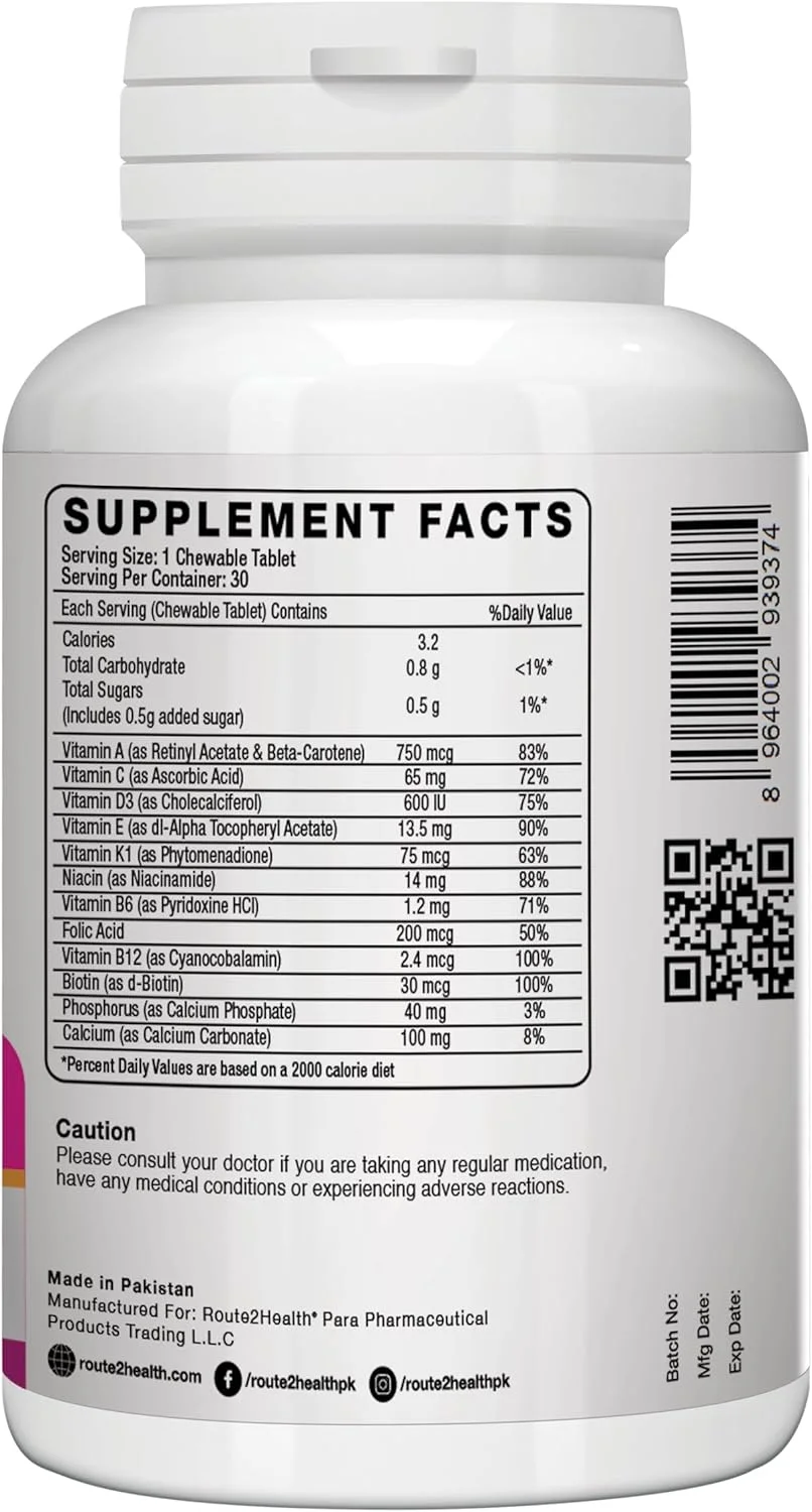مولتی ویتامین و مواد معدنی جویدنی Route 2 Health برای دختران نوجوان - 30 عدد - ویتامین های A، C، D3، E، K1، کلسیم، فسفر و بیوتین - پشتیبانی از رشد، ایمنی، انرژی - طعم لیمو و پرتقال