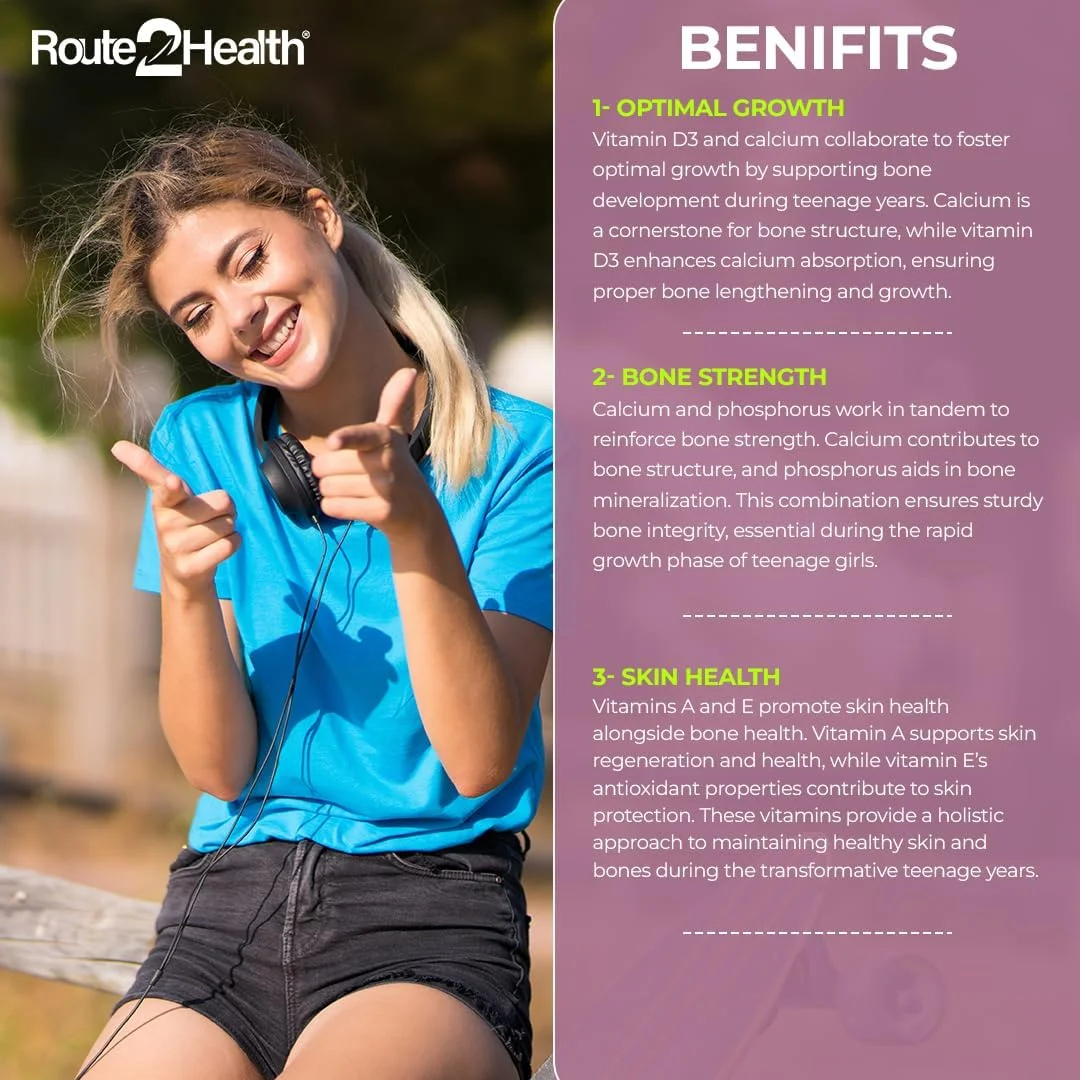 مولتی ویتامین و مواد معدنی جویدنی Route 2 Health برای دختران نوجوان - 30 عدد - ویتامین های A، C، D3، E، K1، کلسیم، فسفر و بیوتین - پشتیبانی از رشد، ایمنی، انرژی - طعم لیمو و پرتقال