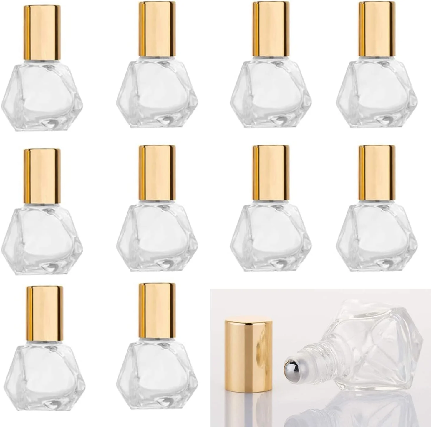 KASTWAVE بسته 10 عددی مینی بطری غلتکی شیشه ای چند ضلعی قابل حمل، ظرفیت 8 میلی لیتر، توپ های غلتکی استیل ضد زنگ برای روغن های ضروری آروماتراپی ظرف عطر