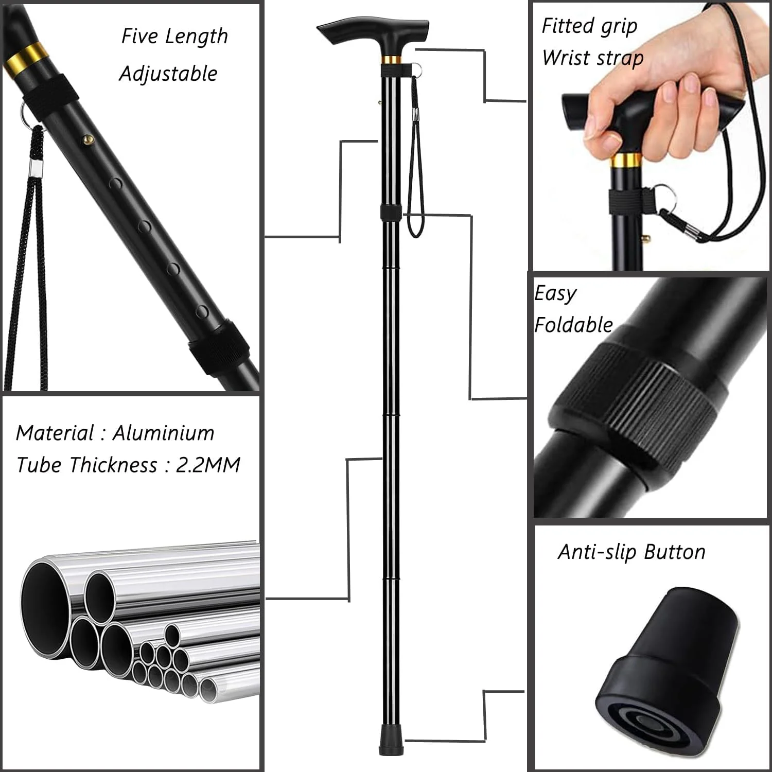 عصای پیاده روی آلیاژ آلومینیوم YOBOKO - عصای تاشو برای پیاده روی - عصای ضد لغزش برای سالمندان با قابلیت تنظیم طول