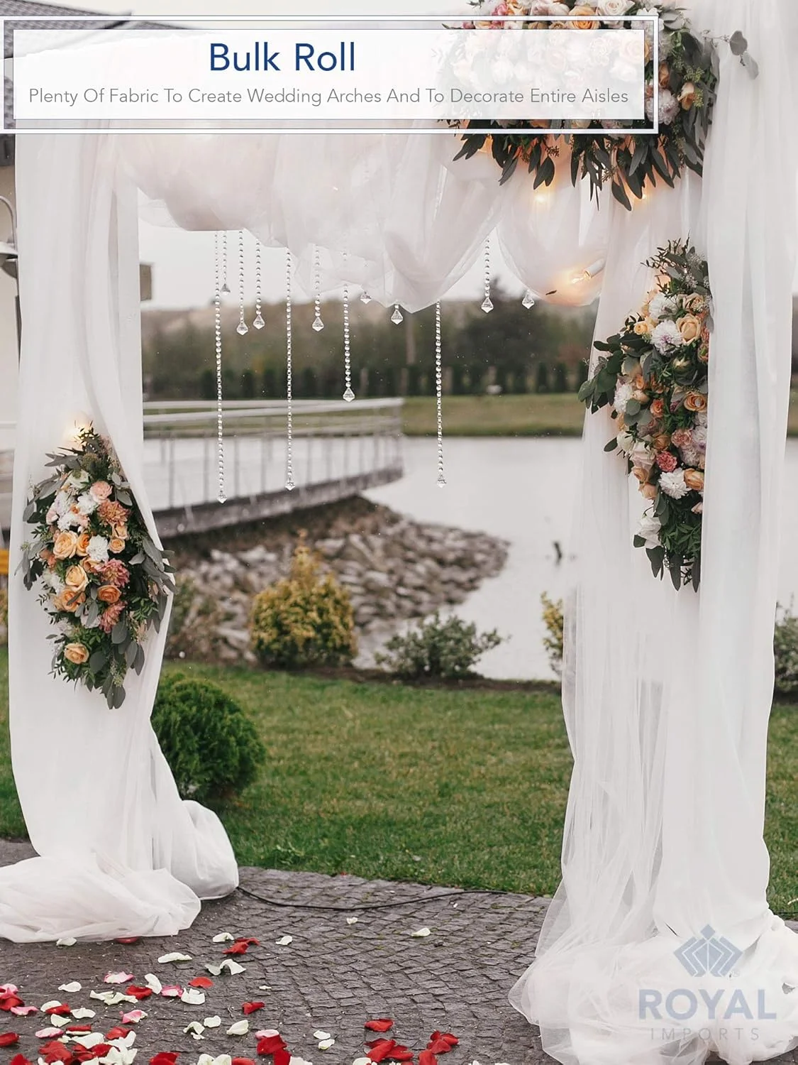 توری پارچه ای 54 اینچی رویال ایمپورتز برای تزئینات جشن عروسی و مهمانی نامزدی - رول توتو، قرقره توری، روبان بسته بندی، سفید، 40 یارد