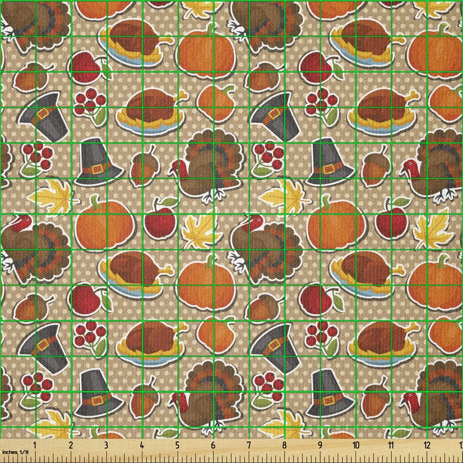 پارچه تاناکورا Lunarable با طرح شکرگزاری، طرح تعطیلات شاد ماه نوامبر، جشن کارتونی روی خال های پولکا رترو، پارچه کشباف استرچ برای خیاطی لباس، هنر و صنایع دستی، 2 یارد، قهوه ای ملایم