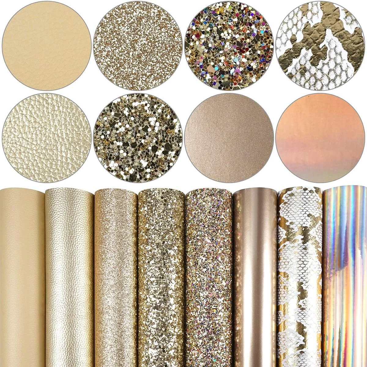8 تکه ورق چرم مصنوعی 20x30 سانتی‌متری طلایی روشن، اکلیلی درشت، ورنی، متالیک، طرح چرم لیچی، هولوگرافیک و پوست ماری برای ساخت پاپیون و گوشواره