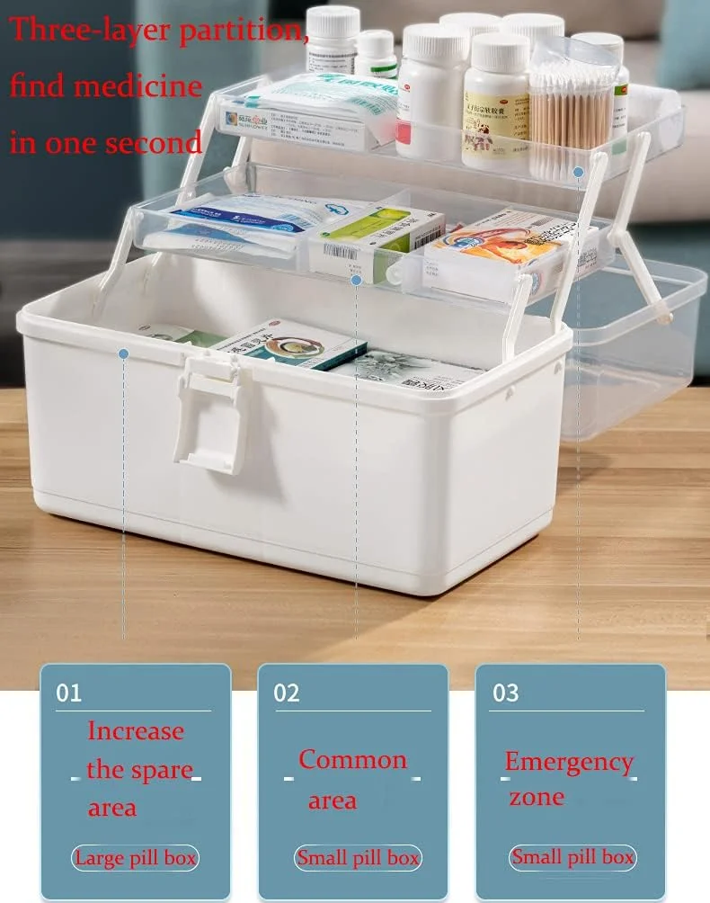 جعبه کمک های اولیه ZLASS، کابینت نگهداری دارو پلاستیکی سه لایه، جعبه نگهداری تاشو داروی شفاف قابل حمل با قفل و دسته، 37x19x18 سانتی متر (B)