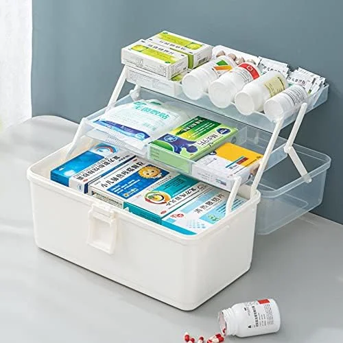 جعبه کمک های اولیه ZLASS، کابینت نگهداری دارو پلاستیکی سه لایه، جعبه نگهداری تاشو داروی شفاف قابل حمل با قفل و دسته، 37x19x18 سانتی متر (B)
