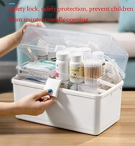 جعبه کمک های اولیه ZLASS، کابینت نگهداری دارو پلاستیکی سه لایه، جعبه نگهداری تاشو داروی شفاف قابل حمل با قفل و دسته، 37x19x18 سانتی متر (B)