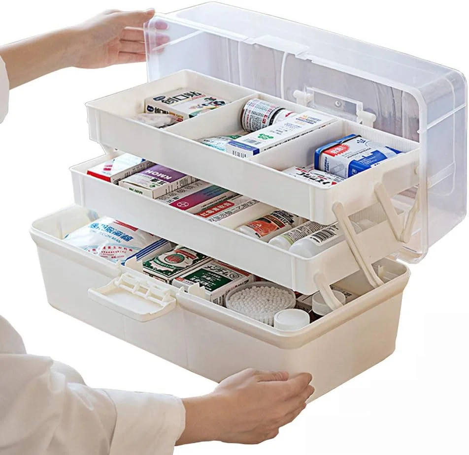جعبه کمک های اولیه ZLASS، کابینت نگهداری دارو پلاستیکی سه لایه، جعبه نگهداری تاشو داروی شفاف قابل حمل با قفل و دسته، 37x19x18 سانتی متر