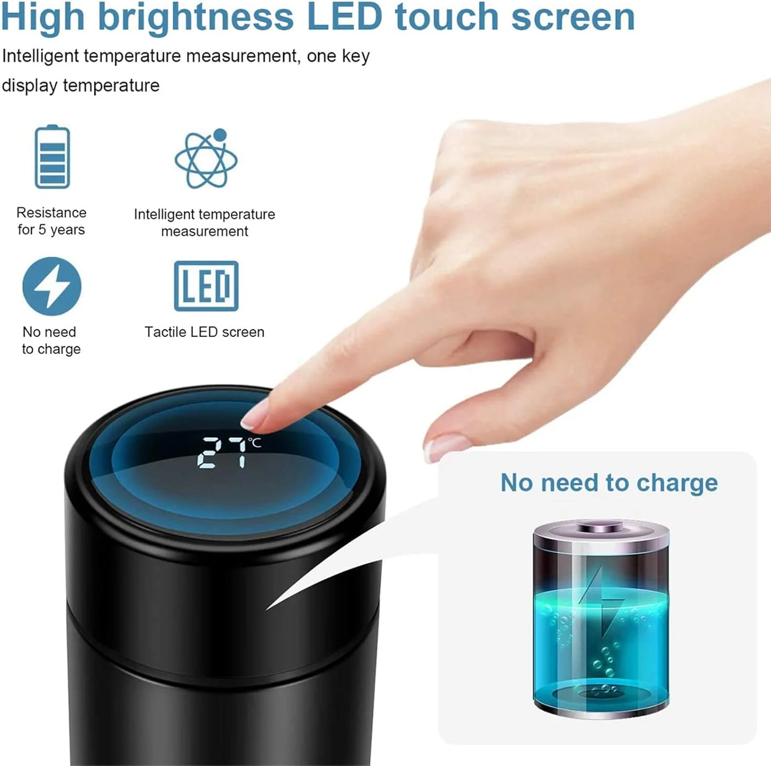 قمقمه هوشمند آب ZMHQLPDZ فلاسک خلاء استیل ضد زنگ، ماگ مسافرتی با صفحه لمسی LCD هوشمند، گرم یا سرد نگه می دارد، فنجان فلاسک خلاء قهوه چای مسافرتی قابل حمل خودرو، قمقمه عایق (مشکی)