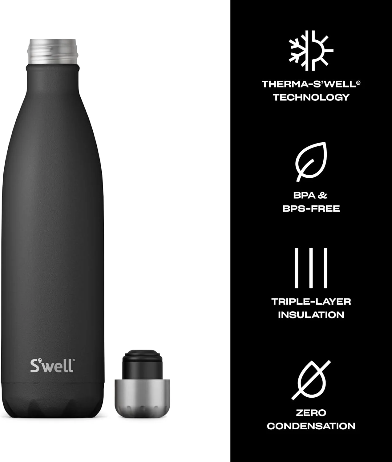 بطری آب استیل ضد زنگ S'well، 740 میلی لیتر، اونیکس، عایق خلاء سه لایه، نوشیدنی ها را به مدت 48 ساعت سرد و 24 ساعت گرم نگه می دارد، فاقد BPA، ایده آل برای استفاده در حال حرکت