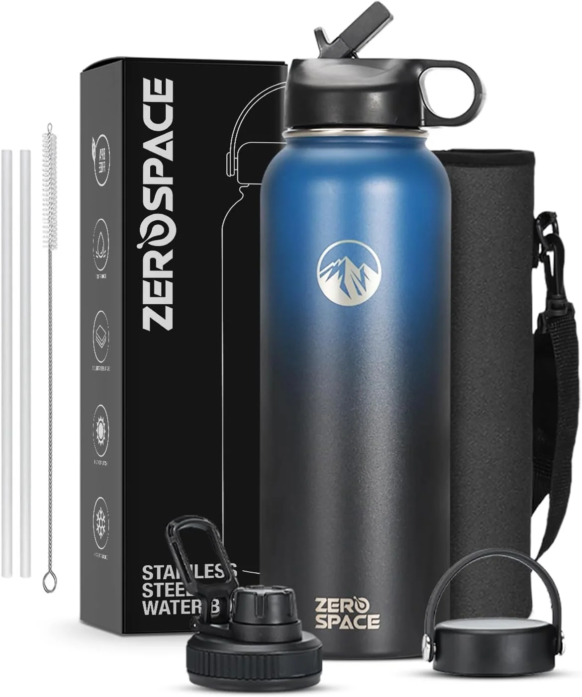 بطری آب استیل ضد زنگ ZeroSpace، بطری آب عایق 1200 میلی لیتری با نی و برس، فلاسک دوجداره خلاء بدون BPA برای نوشیدنی های گرم و سرد، باشگاه، مسافرت، دفتر (آبی/مشکی)