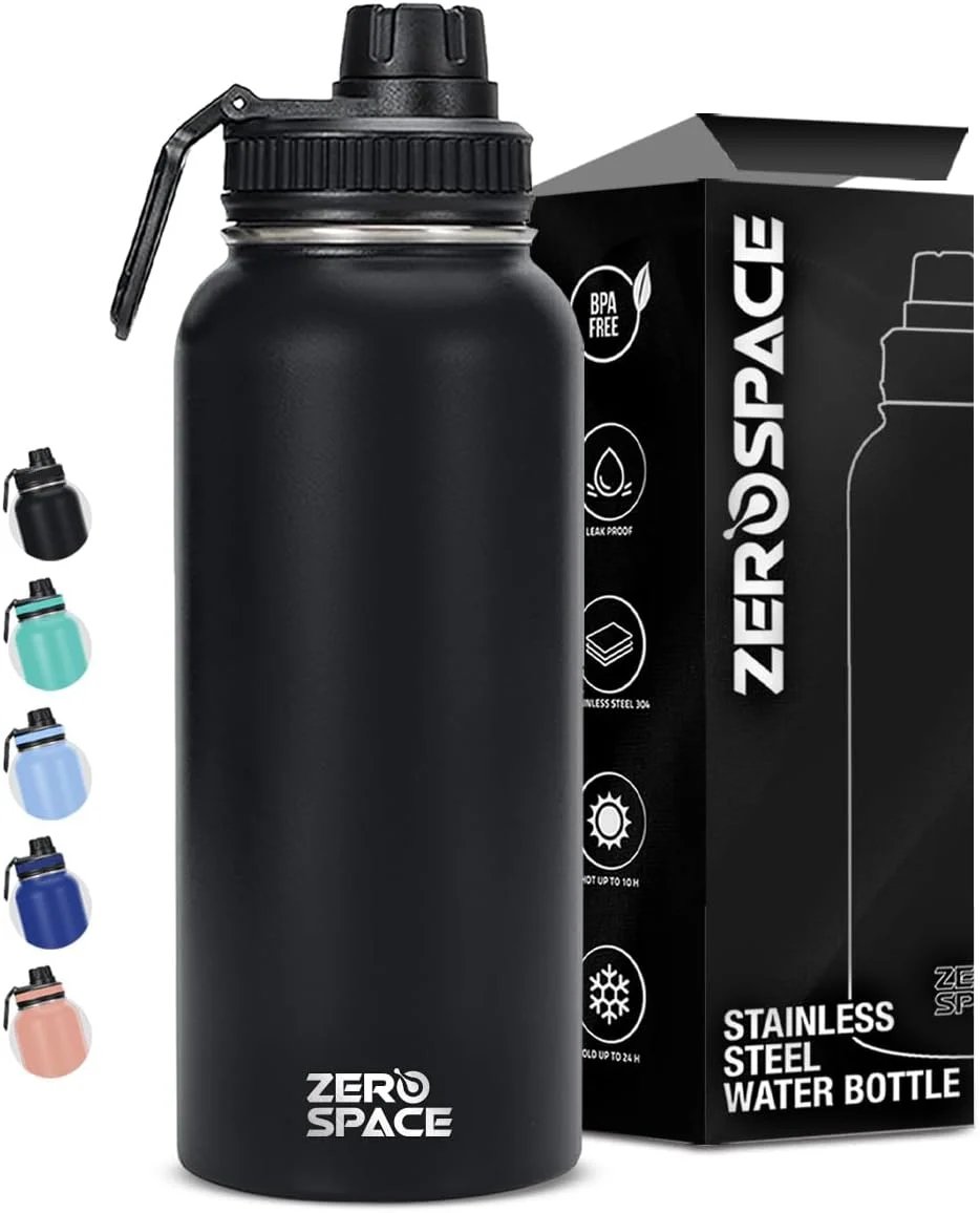 بطری آب استیل ضد زنگ ZeroSpace با ظرفیت 1 لیتر، بطری آب عایق خلاء دو جداره 32 اونسی، فلاسک ترموس گرم و سرد با درب دهانه دار، بطری های آب بدون BPA برای باشگاه، مسافرت، دفتر و کودکان (مشکی)