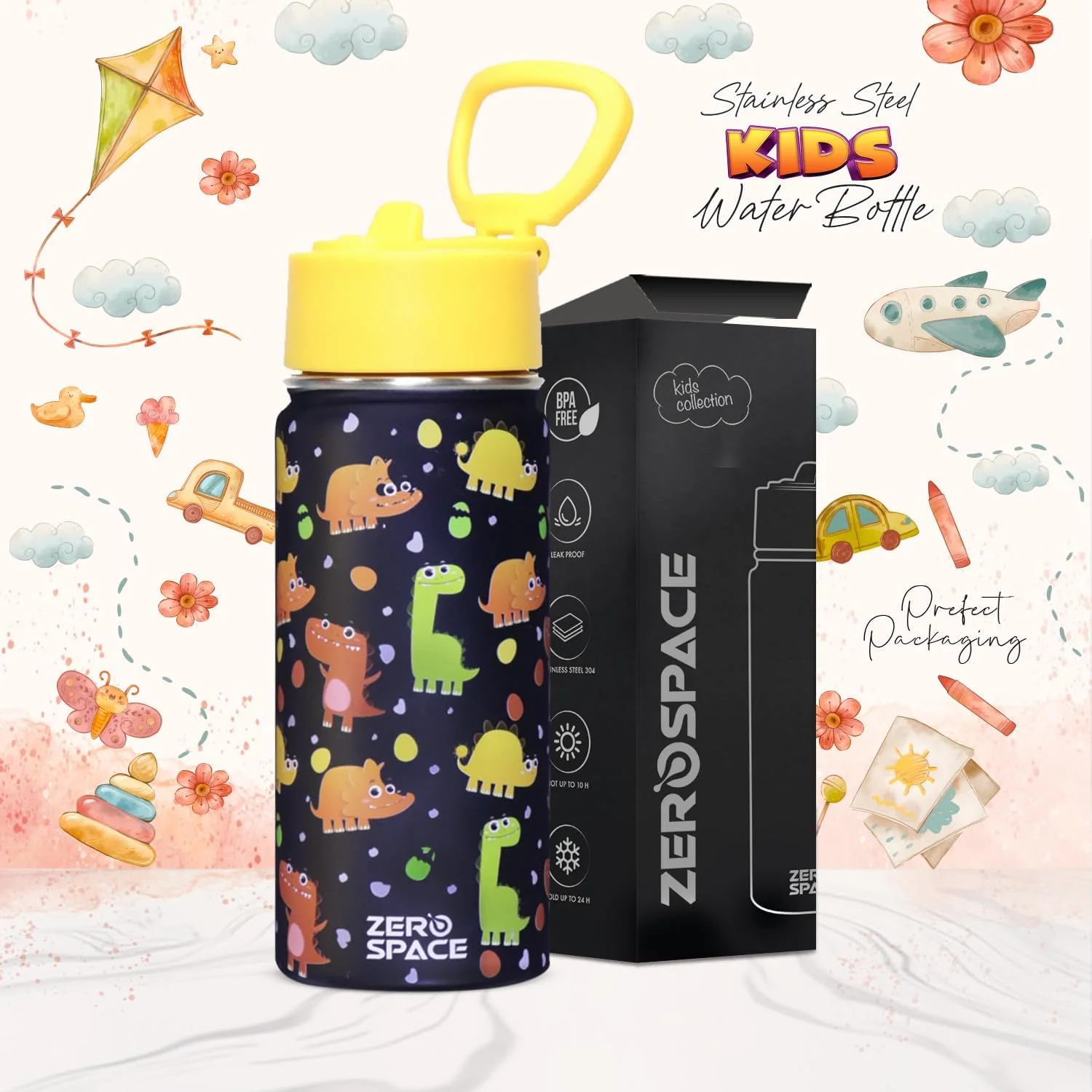 بطری آب ZeroSpace برای کودکان، بطری آب 500 میلی لیتری برای مدرسه، بطری استیل برای کودکان، فلاسک آب عایق دو جداره، بطری استیل بدون BPA (مشکی)