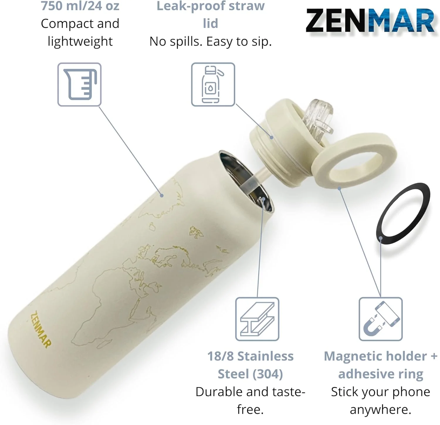 بطری آب عایق استیل ضد زنگ ZENMAR، 750 میلی لیتر (24 اونس) - فلاسک خلاء دو جداره نوشیدنی ها را گرم و سرد نگه می دارد، ضد نشت، بدون BPA، قابل استفاده مجدد، سازگار با محیط زیست، طرح نقشه جهان، سفید مات