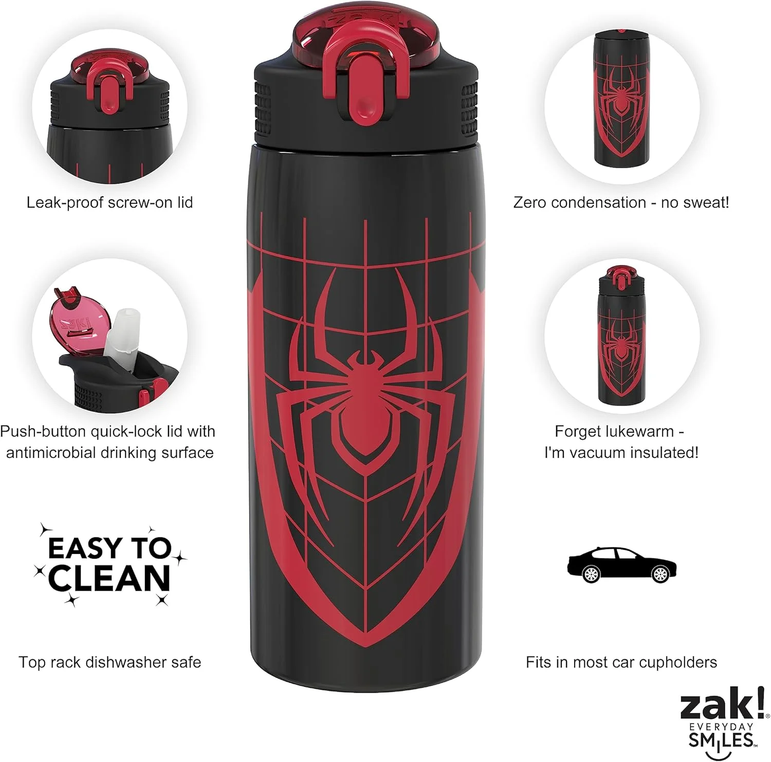 بطری آب حرارتی طرح مرد عنکبوتی مارول Zak Designs مناسب سفر و منزل، 562 میلی لیتر، استیل ضد زنگ عایق خلاء با پوشش دهانه قفل شونده، حلقه حمل داخلی، طراحی ضد نشت (مایلز مورالز)