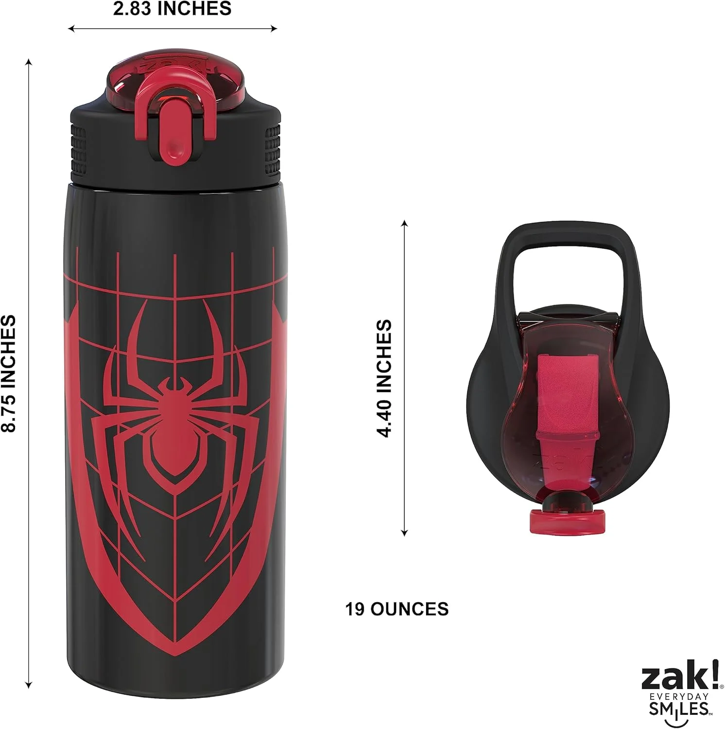 بطری آب حرارتی طرح مرد عنکبوتی مارول Zak Designs مناسب سفر و منزل، 562 میلی لیتر، استیل ضد زنگ عایق خلاء با پوشش دهانه قفل شونده، حلقه حمل داخلی، طراحی ضد نشت (مایلز مورالز)