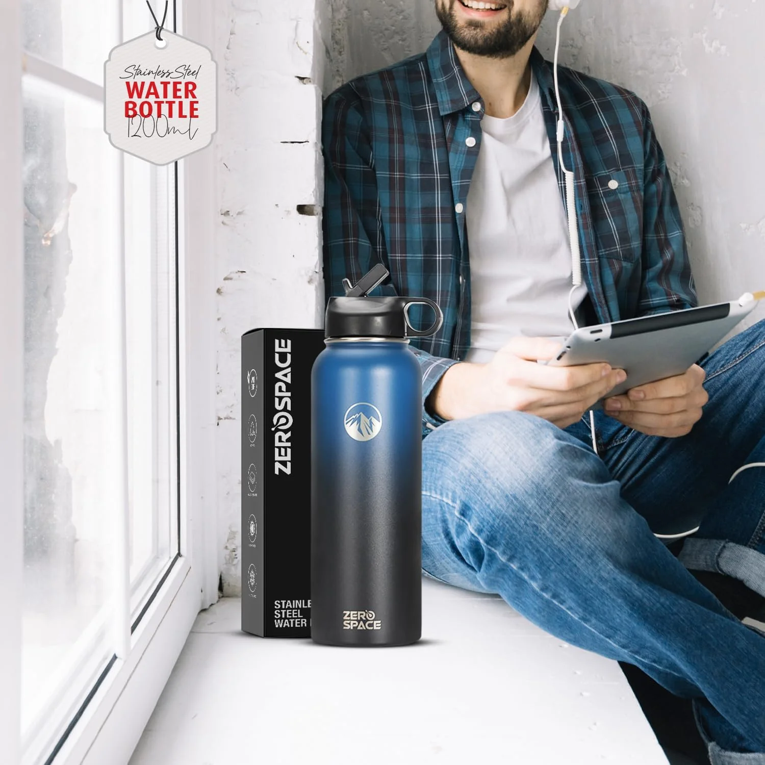 بطری آب استیل ضد زنگ ZeroSpace، بطری آب عایق 1200 میلی لیتری با نی و برس، فلاسک دوجداره خلاء بدون BPA برای نوشیدنی های گرم و سرد، باشگاه، مسافرت، دفتر (آبی/مشکی)