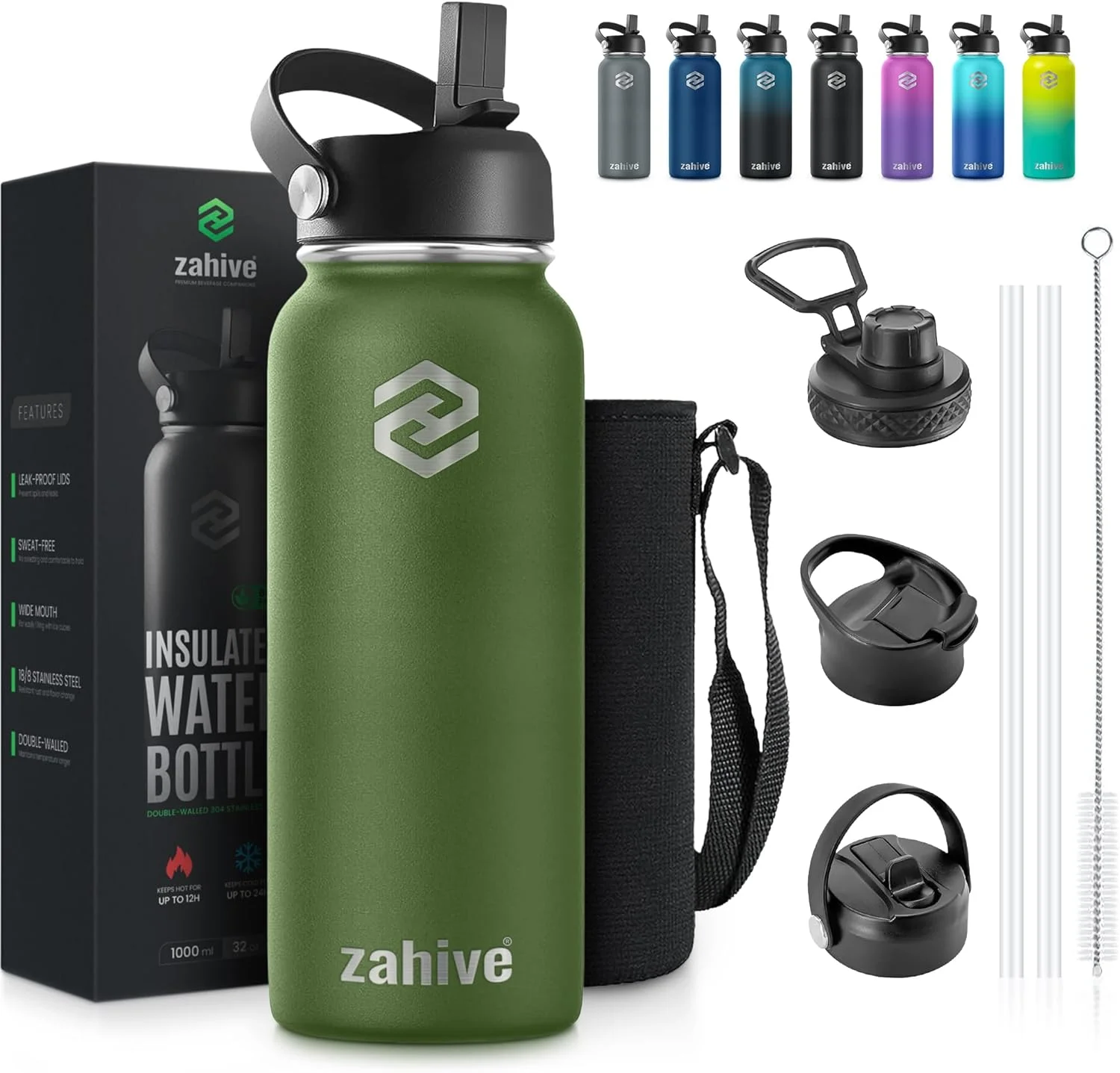 بطری آب استیل ضد زنگ Zahive با حجم 1 لیتر به همراه 3 درب و کیف - بطری آب عایق دار با نی - فلاسک ترموس دو جداره 1000 میلی لیتری برای مسافرت، نوشیدنی های گرم و سرد، ورزش، باشگاه، ضد نشت (32 اونس، سبز ارتشی)