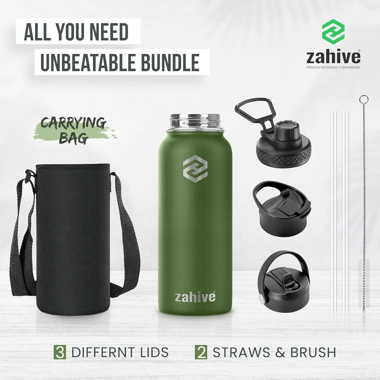 بطری آب استیل ضد زنگ Zahive با حجم 1 لیتر به همراه 3 درب و کیف - بطری آب عایق دار با نی - فلاسک ترموس دو جداره 1000 میلی لیتری برای مسافرت، نوشیدنی های گرم و سرد، ورزش، باشگاه، ضد نشت (32 اونس، سبز ارتشی)