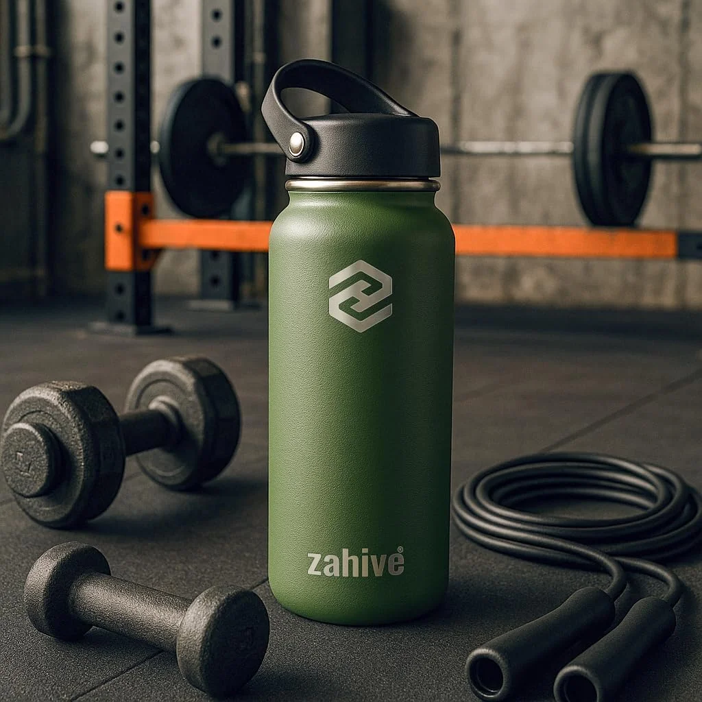 بطری آب استیل ضد زنگ Zahive با حجم 1 لیتر به همراه 3 درب و کیف - بطری آب عایق دار با نی - فلاسک ترموس دو جداره 1000 میلی لیتری برای مسافرت، نوشیدنی های گرم و سرد، ورزش، باشگاه، ضد نشت (32 اونس، سبز ارتشی)